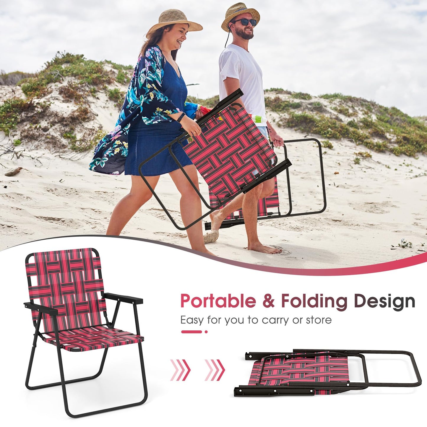 Giantex Beach Chairs Set of 6, Patio Folding Lawn Chairs for Adults, Outdoor Webbing Chair w/Steel Frame, Lightweight & Portable Camping Chairs for Fishing, Yard, Garden, Poolside Webbed Chairs, Red