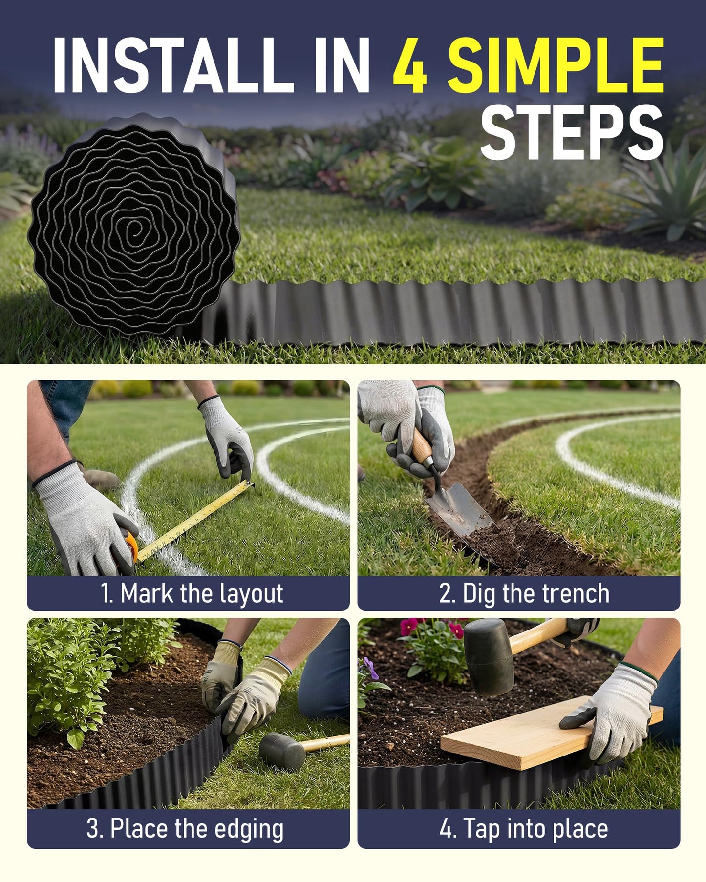 SOCONT Corrugated Metal Garden Edging, 12"×50Ft Durable Landscape Border for Garden, Lawn, Flower Beds and Paver Edging (Black)