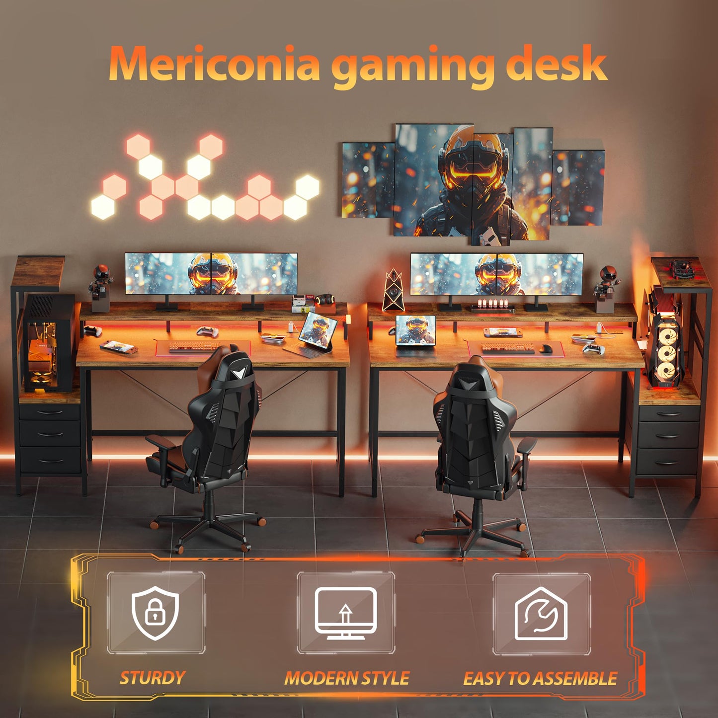 Mericonia 60 inch Gaming Desk with LED Lights & Power Outlets, Reversible Computer Desk with Storage Drawers & Monitor Stand, Large Gaming Table for Home Office