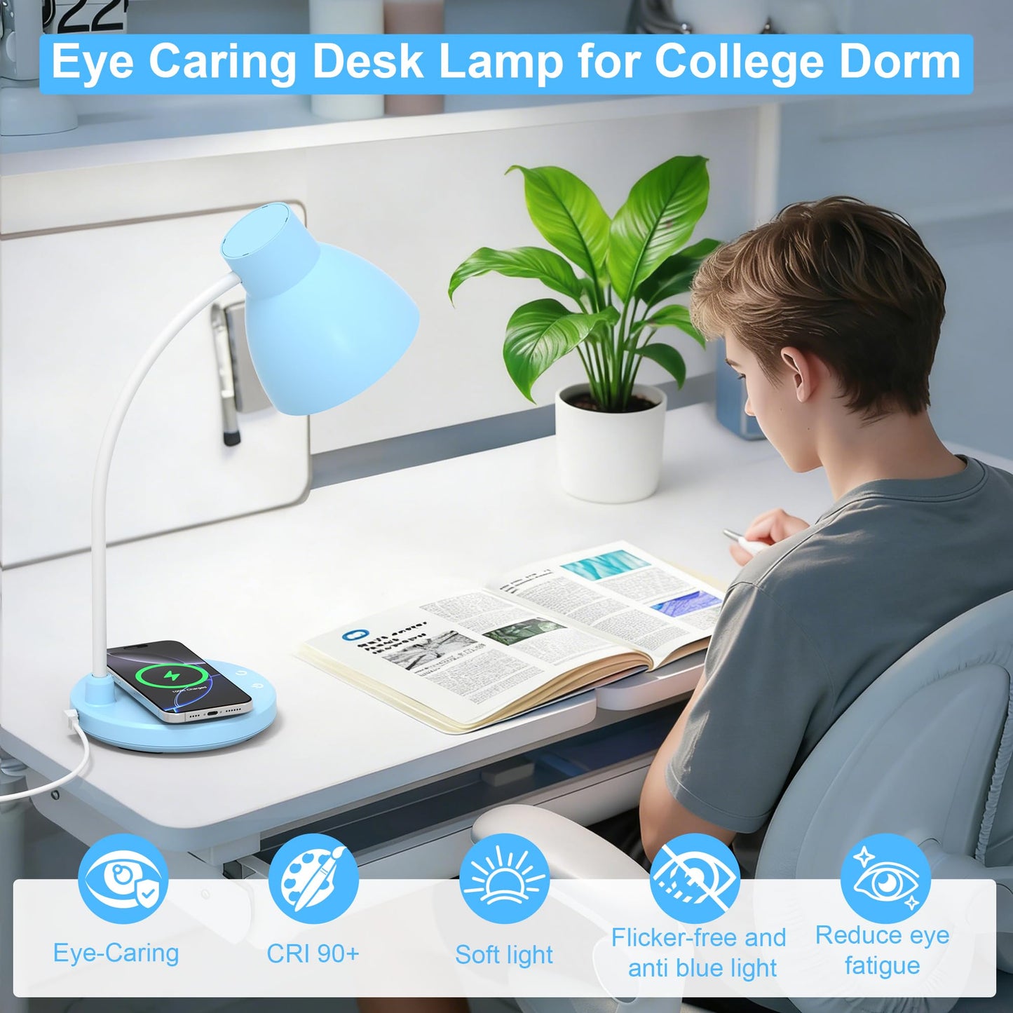 Vicsoon Desk Lamps for Home Office - LED Desk Lamp with Wireless Charger, 3 Color Modes Dimmable Eye-Caring Study Reading Desk Light, Small Flexible Arm Table Lamp for College Dorm Room Bedside, Blue