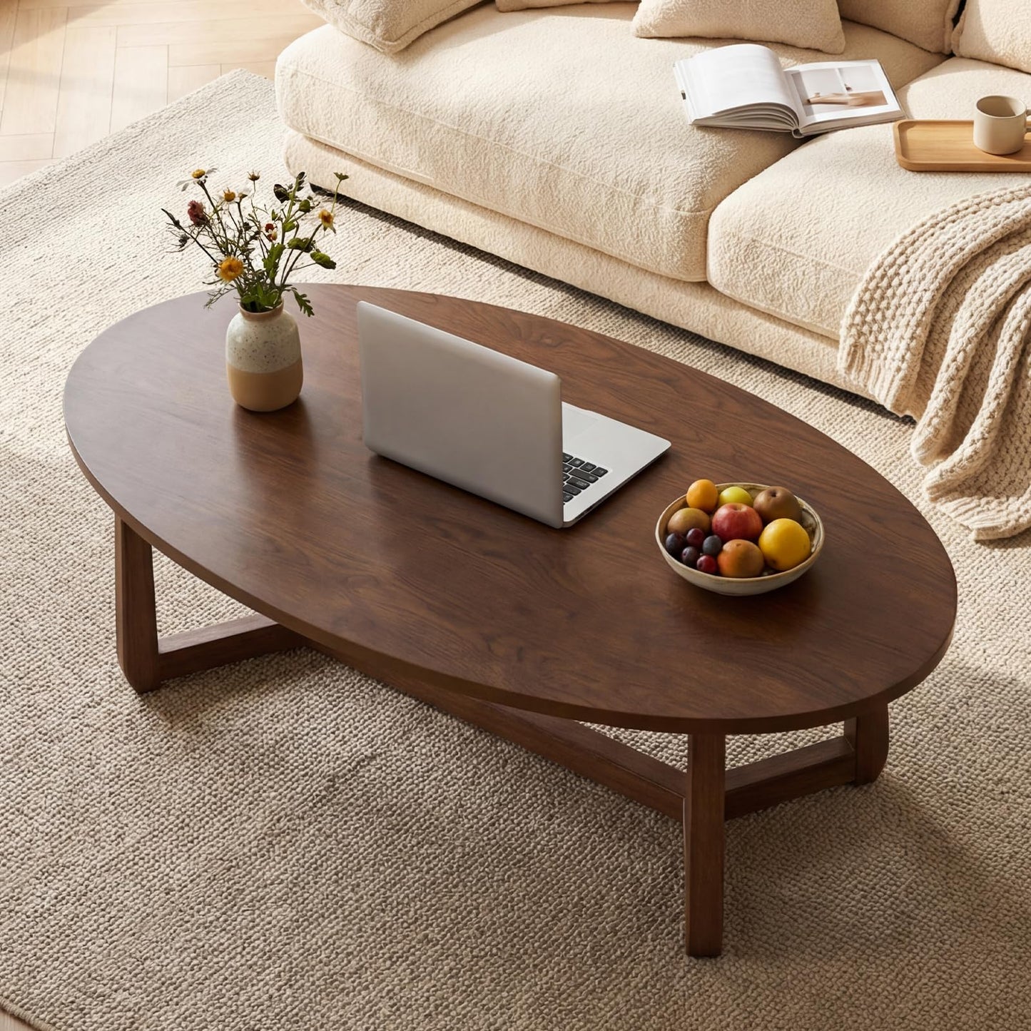 POWERSTONE Oval Coffee Table, 46'' Wooden Center Table, Low Profile Modern Living Room Table for Home, Reception, Office, Small Space, Walnut