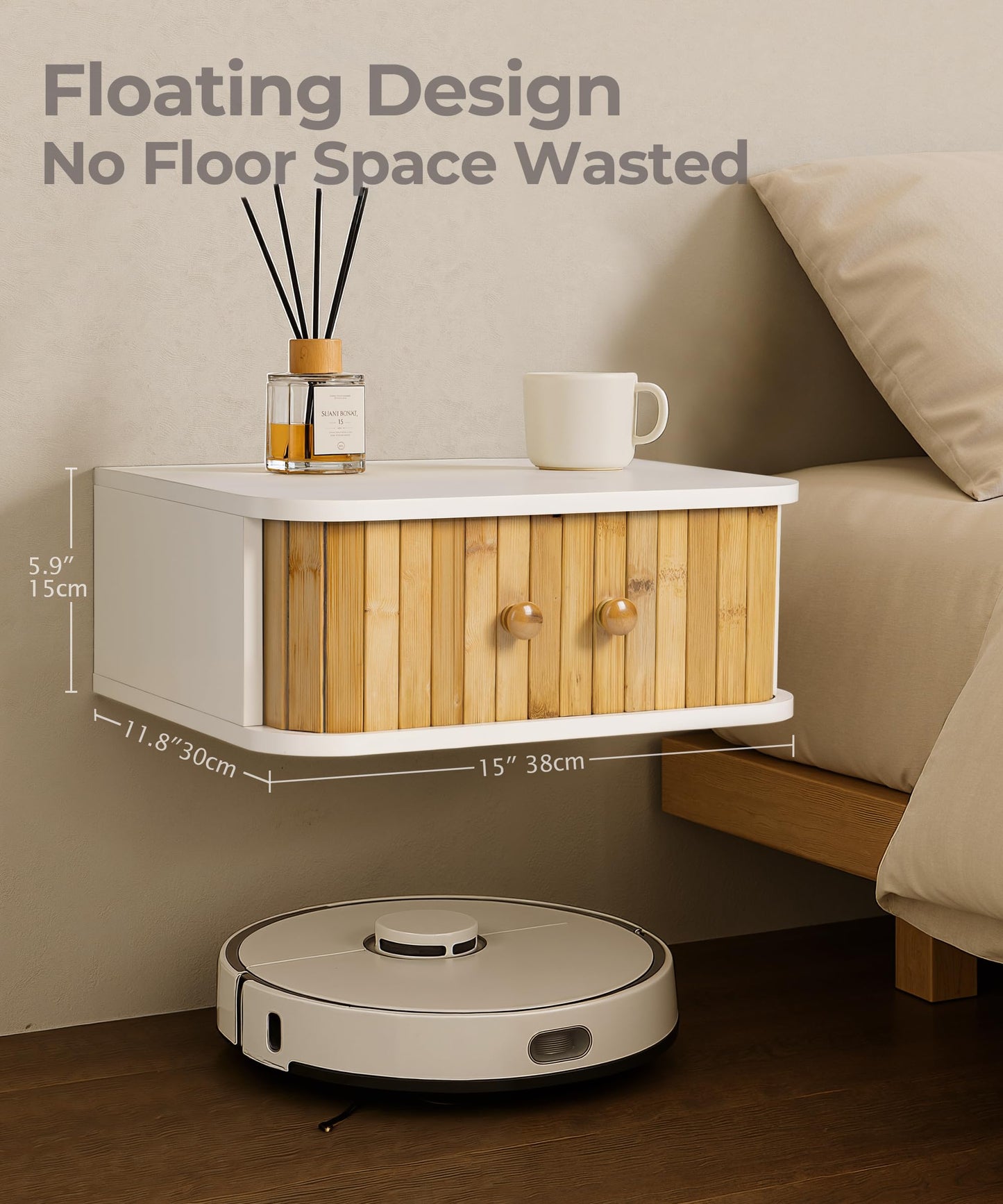 SUMGAR Floating Nightstand Set of 2 White Night Stand Boho Bedside Table Organiser Small Spaces Wall Mounted Shelf Storage with Drawers Wood Bamboo Natural Hanging Furniture for Bedroom Home Decor