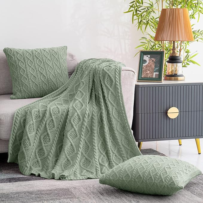 Homiest Cable Knit Throw Blanket and Pillow Set, Sage Green Set of 3, Knitted