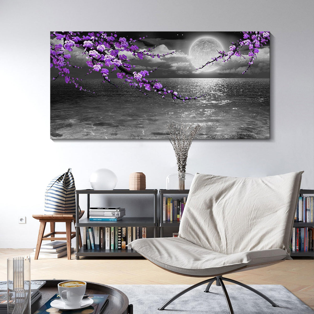 Large Purple Wall Art Decor for Living Room Bedroom Framed Black and White Seascape Full Moon Purple Flower Painting Canvas Picture Modern Hand-Painted Plum Blossom Artwork for Home Office 24x48