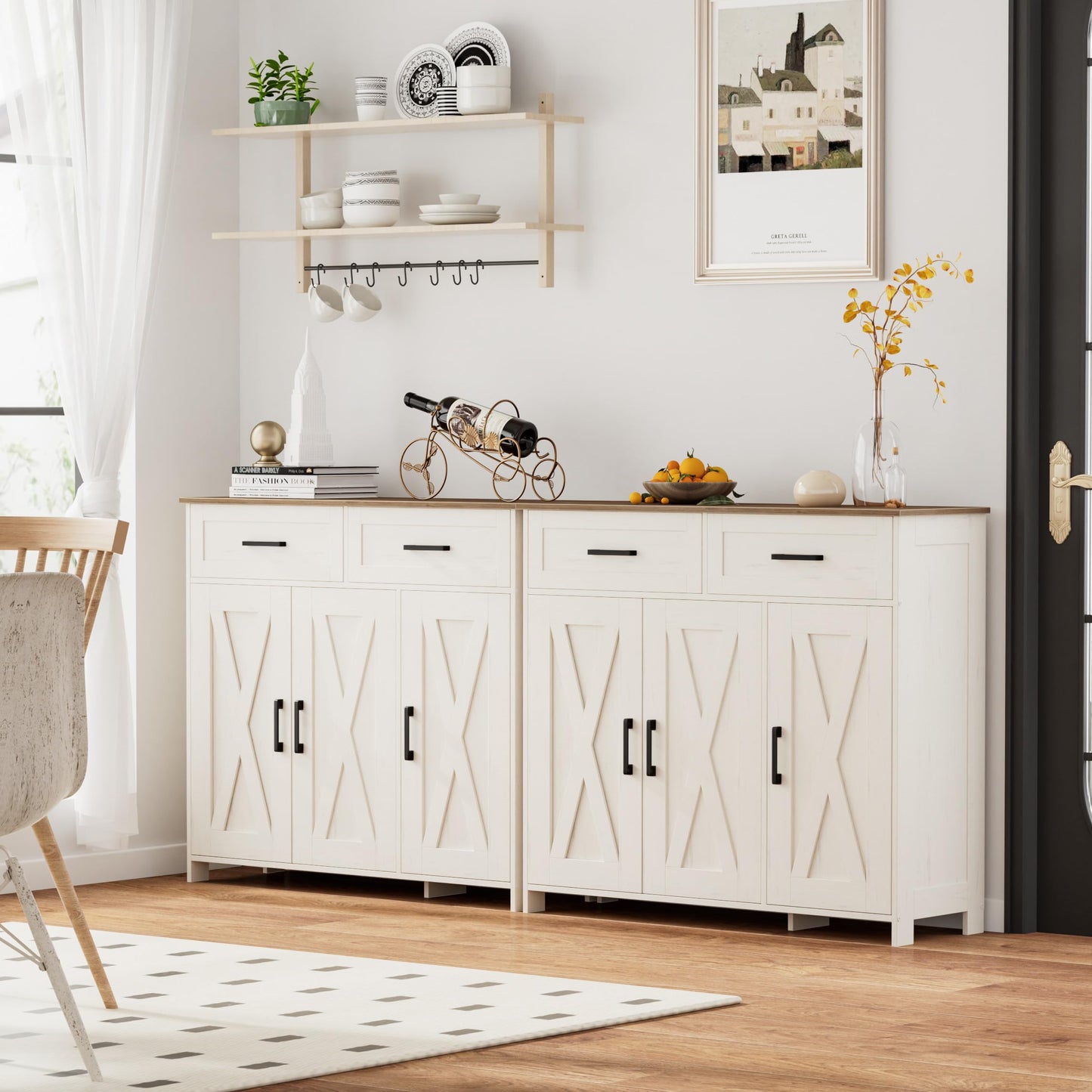 Homhedy Sideboard Buffet Cabinet, Coffee Bar Storage Cabinet with Drawers and Doors, Farmhouse Kitchen Cabinet with Adjustable Shelves, for Kitchen, Dining Room, Living Room, Rustic White and Brown