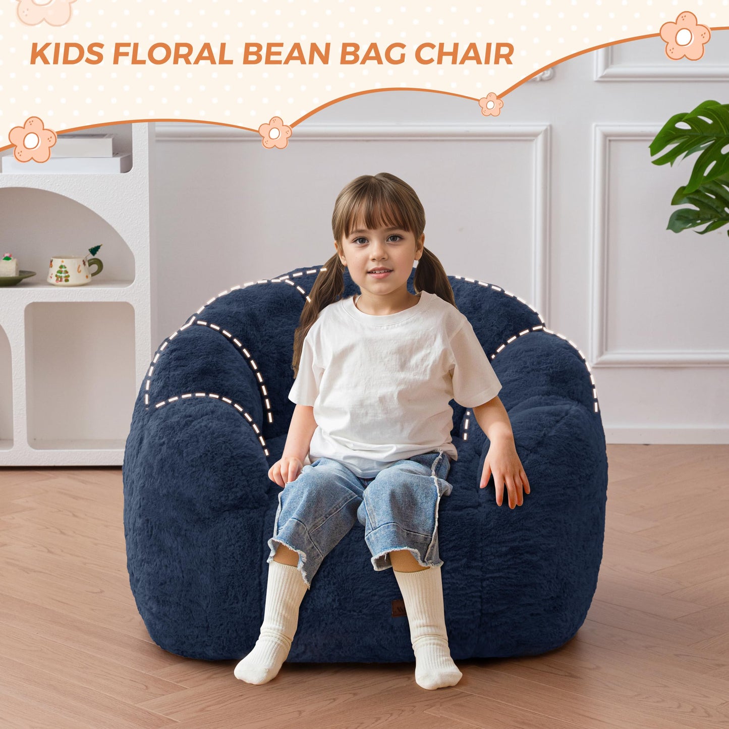 MAXYOYO Kids Bean Bag Chair, Floral Shaped Bean Bag Sofa, Plush Faux Fur Toddler Couch with Petal Backrest for Boys Girls, Stuffed Cozy Sofa for Nursery, Bedroom, Navy