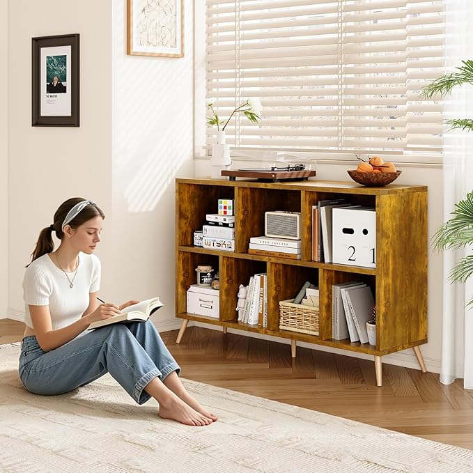 7-Cube Storage Organizer with Natural Wood Legs, Mid-Century Modern Bookcase
