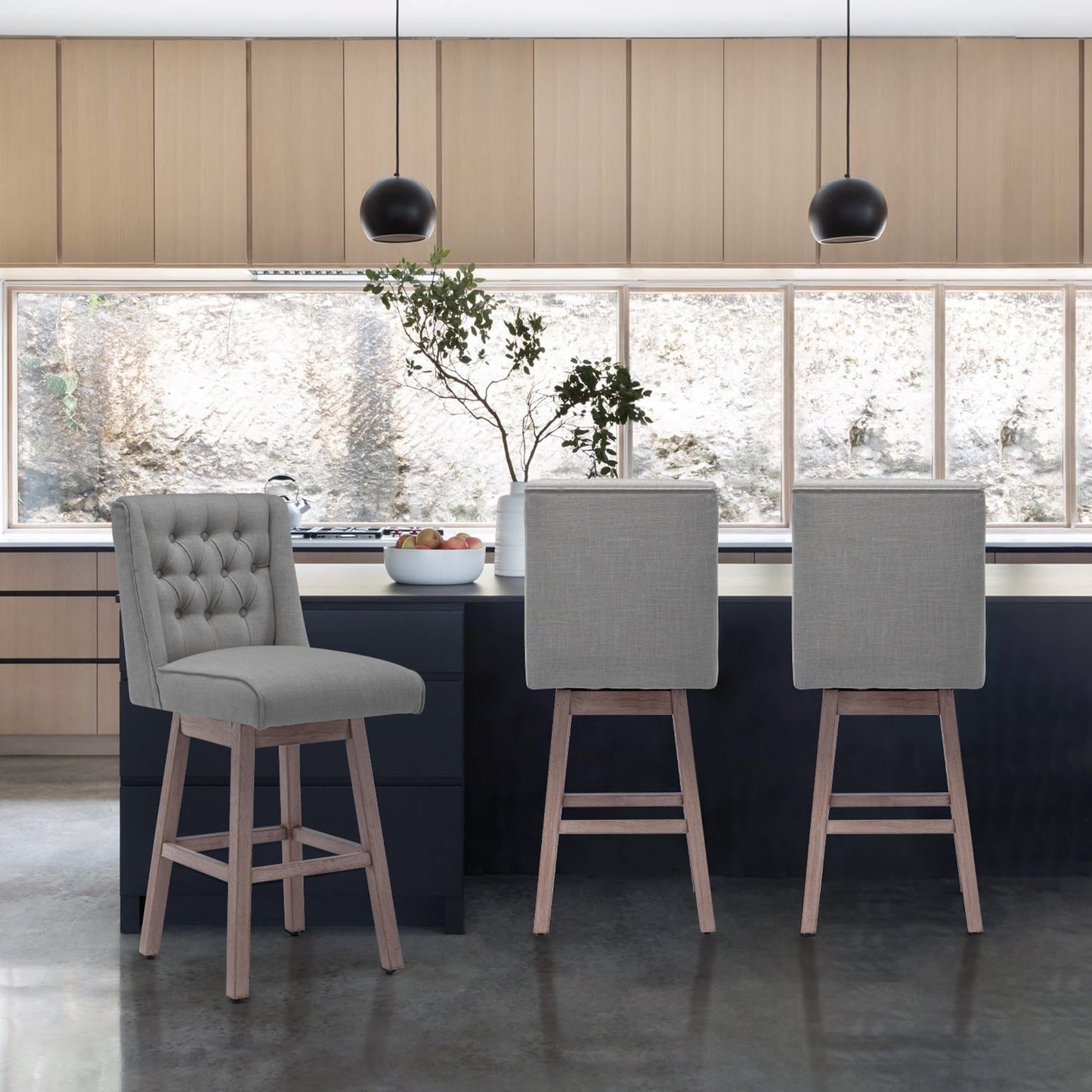 UDAX 26" Swivel Bar Stools Set of 4, Counter Height Barstools with Back, Linen Fabric Upholstered Bar Stools, Modern Barstools Wood Legs for Kitchen Island Dining Room Bar