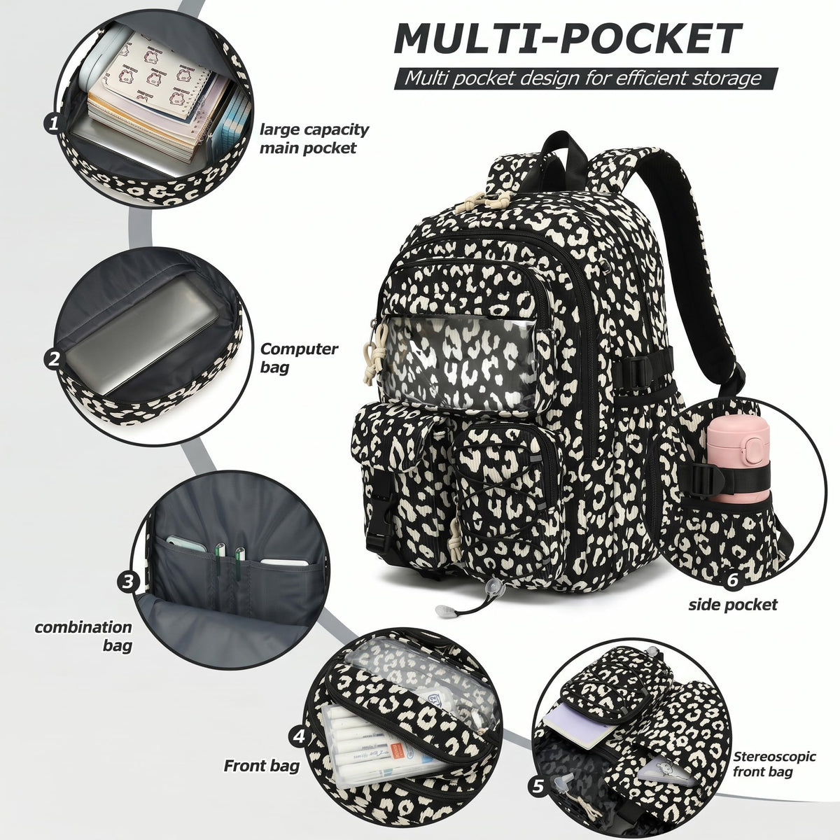 Pepailug School Backpack for Girls Boys with Lunch Box and Pencil Case, 3PCS Corduroy Kids Bookbag Set for Elementary Middle High School Bag with Travel Daily Use (Leopard Black)