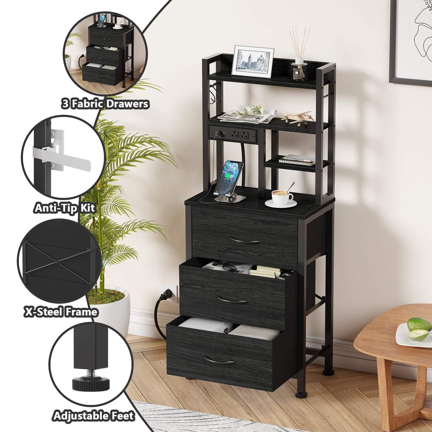 Furnulem Tall Night Stand with 3 Fabric Drawers and LED Lights, Nightstand with Bookshelf, 45.3inch Tall Bedside Tables with USB Ports in Bedroom, Dorm, Office,Metal Frame, Wood Shelves (Black Oak)