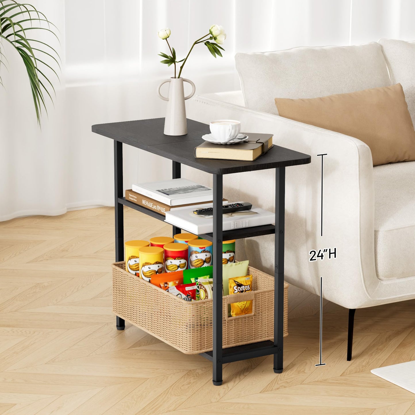 SLEEPING LAMB Side Table for Living Room, 3-Tier End Table for Small Space with Wide Storage Tabletop, Classic Black Narrow Nightstand for Bedroom, Sofa Couch