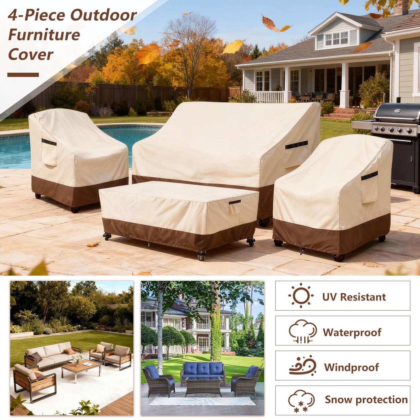 Exokugo Outdoor Furniture Covers Set,4-Piece 600D Heavy Duty Waterproof Patio Furniture Cover for Outdoor Swivel Rocker Chairs,Loveseat and Coffee Table,Beige & Brown
