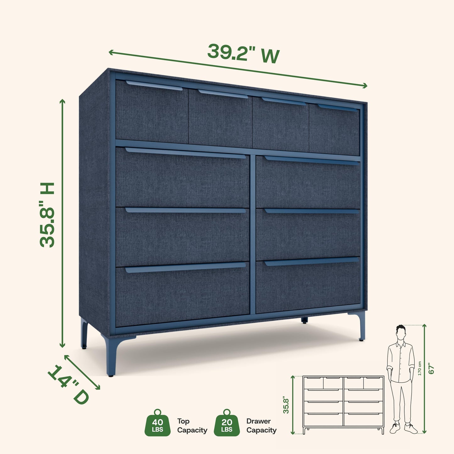 tinge Naima Premium Fabric Dresser - Strong Metal Frame, 10 Spacious Sag-Proof Drawers with Sleek Metal Handles - Premium & Durable Storage Solution for Your Home (Navy)