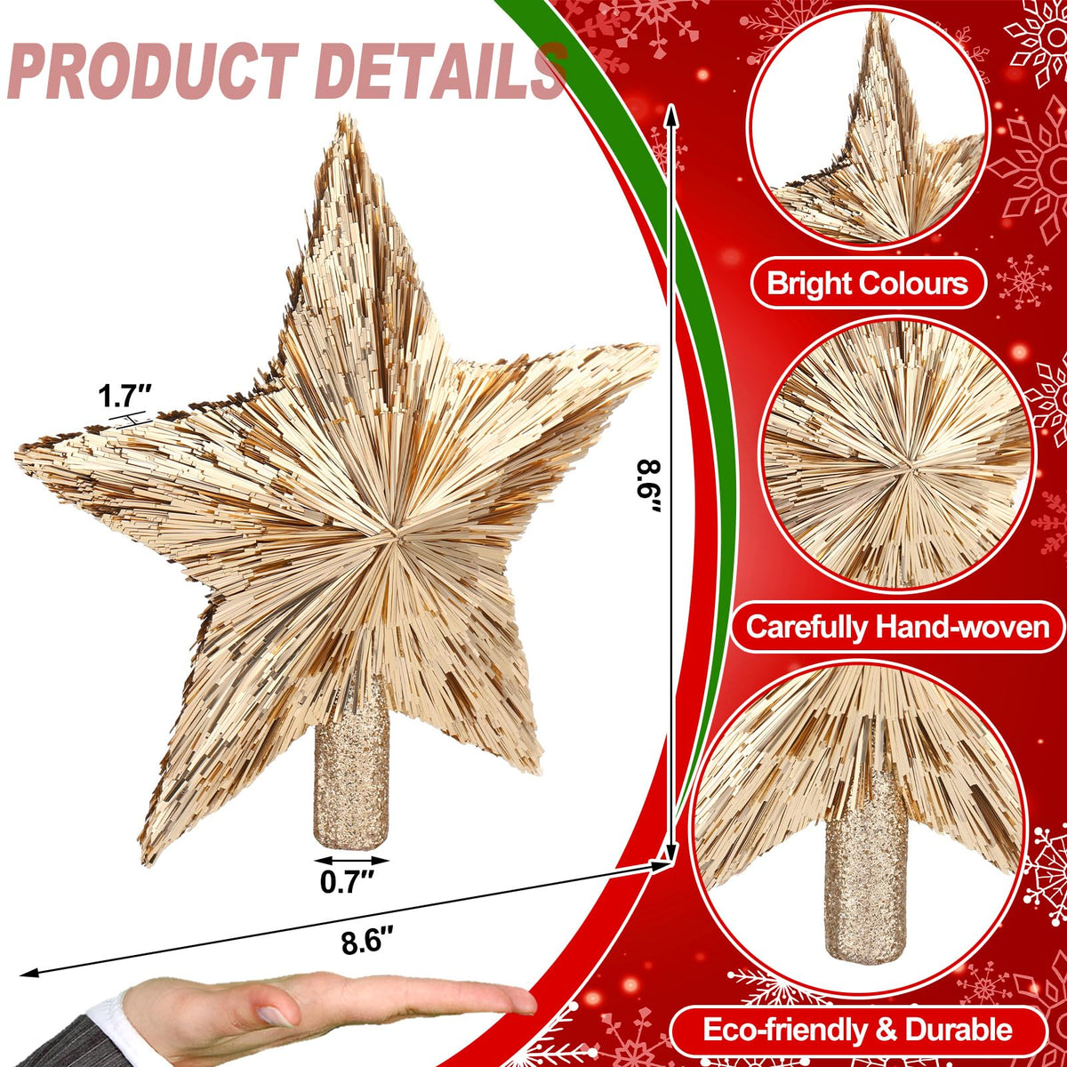 Gejoy 8.6 Inch Christmas Star Tree Topper Champagne Gold Star Tree Topper Glitter Xmas Tree Top Ornament Estrella para Arbol De Navidad for Christmas Tree Decorations Xmas Party Home Office Decor
