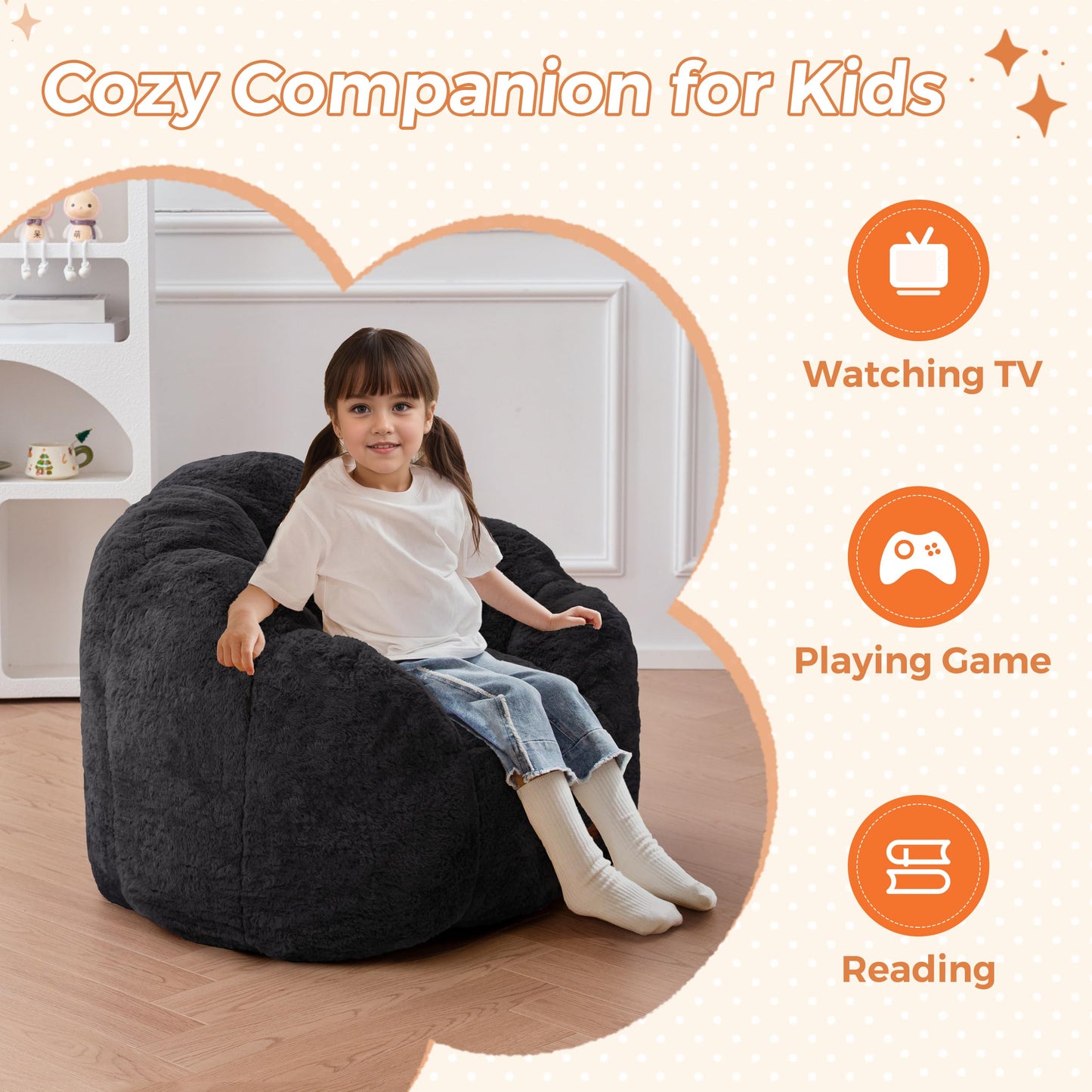 MAXYOYO Kids Bean Bag Chair, Floral Shaped Bean Bag Sofa, Plush Faux Fur Toddler Couch with Petal Backrest for Boys Girls, Stuffed Cozy Sofa for Nursery, Bedroom, Black