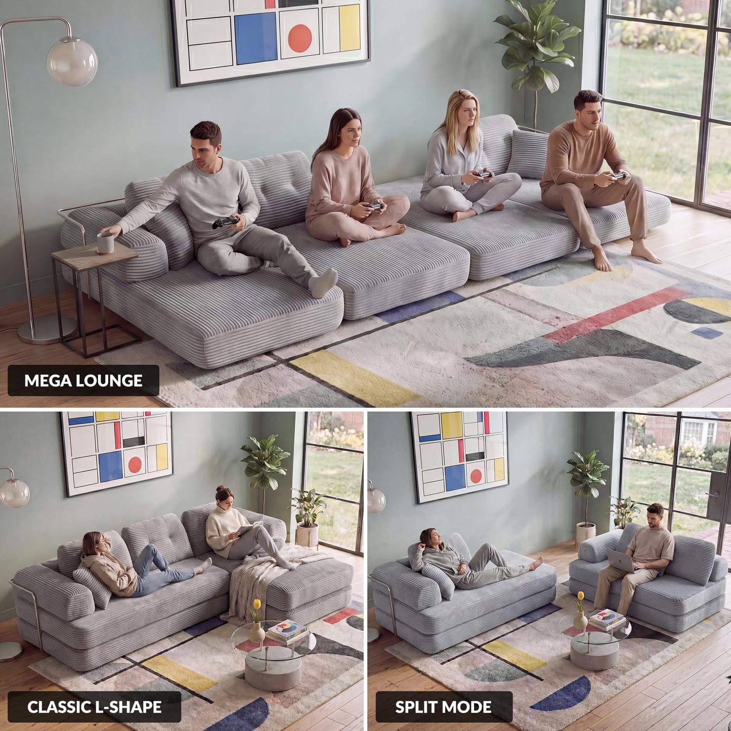 YasuSoofa Boneless Sectional Couch with Chaise, Convertible L-Shape Floor Sleeper with High Headrest, Modular Sofa Bed for Living Room Apartment, No Assembly, Beige