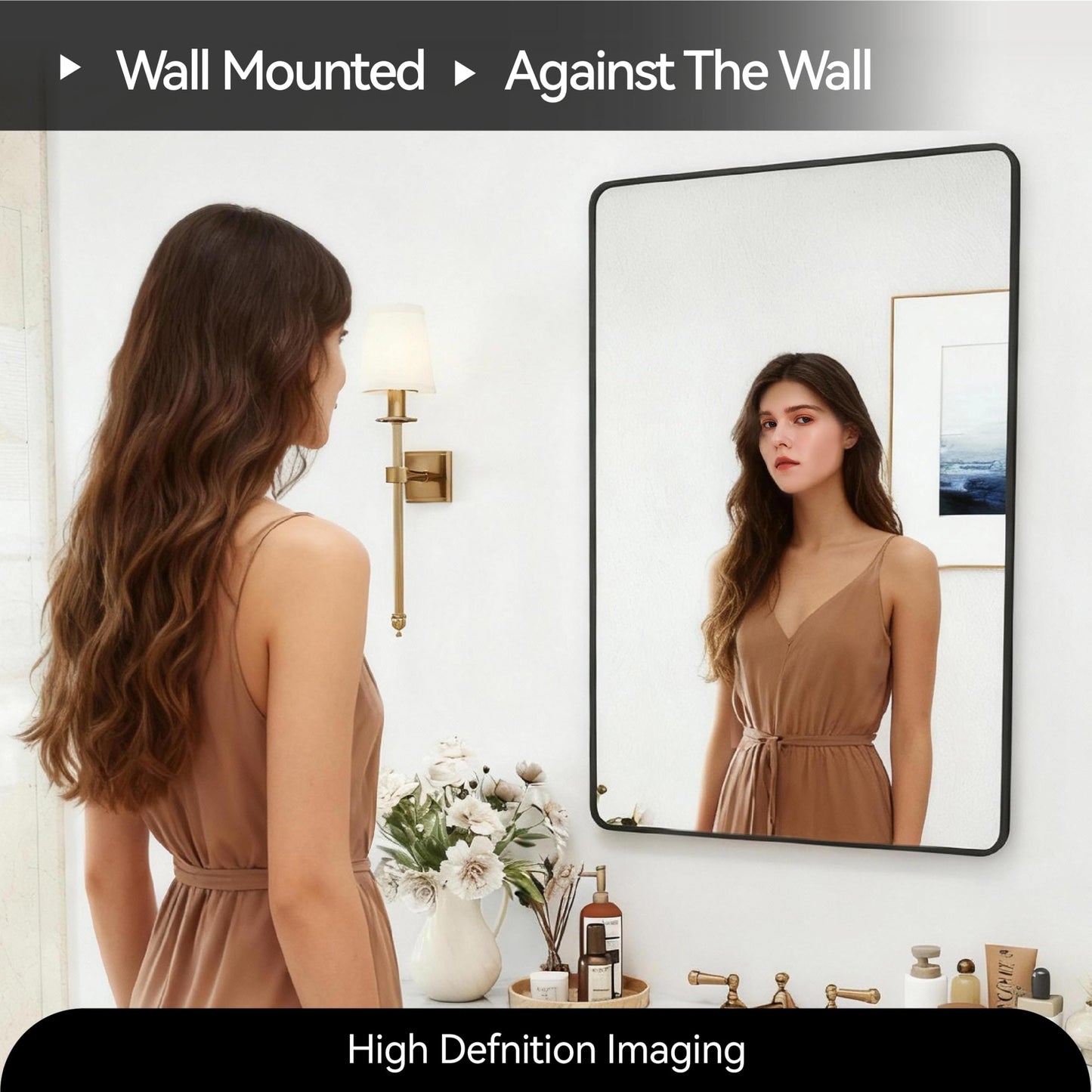 SCWF-GZ 24x36 Mirror Vanity Bathroom Wall Mounted Aluminum Alloy Metal Frame Dressing Round Rectangle Mirrors for Entryway Bedroom Living Room Horizontally or Vertically 36x24 inch Black