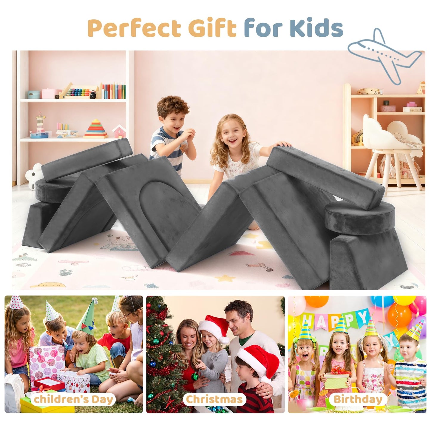 Decmuerx 12pcs Modular Kids Play Couch - CPC Certified Convertible Toddler Sectional Sofa, Washable Durable Foam Floor Cushion for Kids Playroom (Play Fort/Castle)