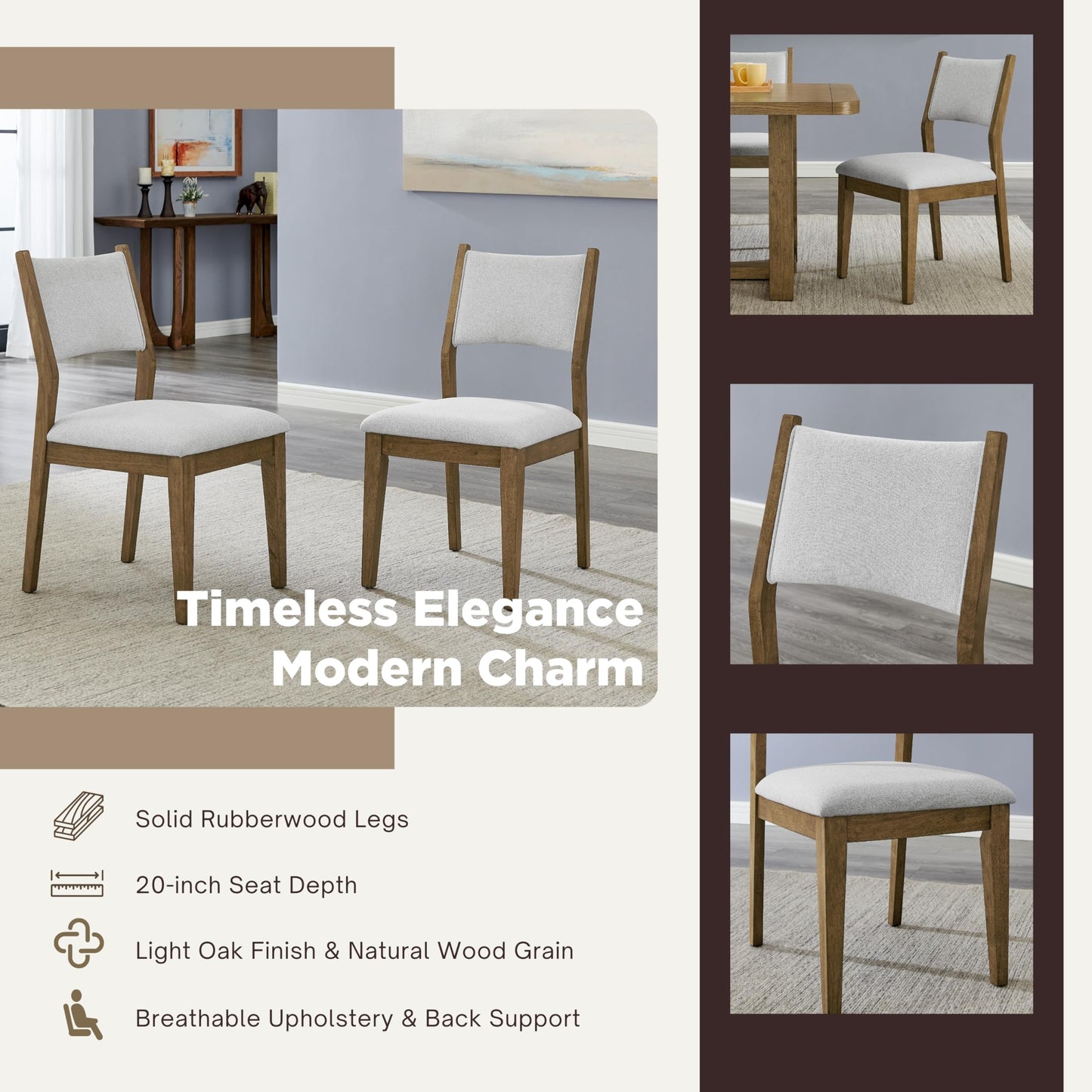 Roundhill Furniture Parker Upholstered Dining Chairs, Set of 2, Light Oak and Gray