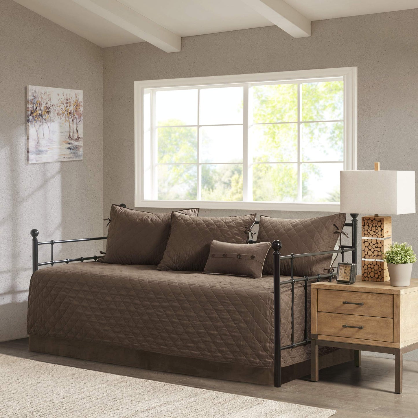 Madison Park Daybed Cover Set - Trendy Design, All Season Luxury Bedding with Bedskirt, Matching Shams, Decorative Pillow, Diamond Quilted Faux Suede Reversible Brown 75"x39" 6 Piece