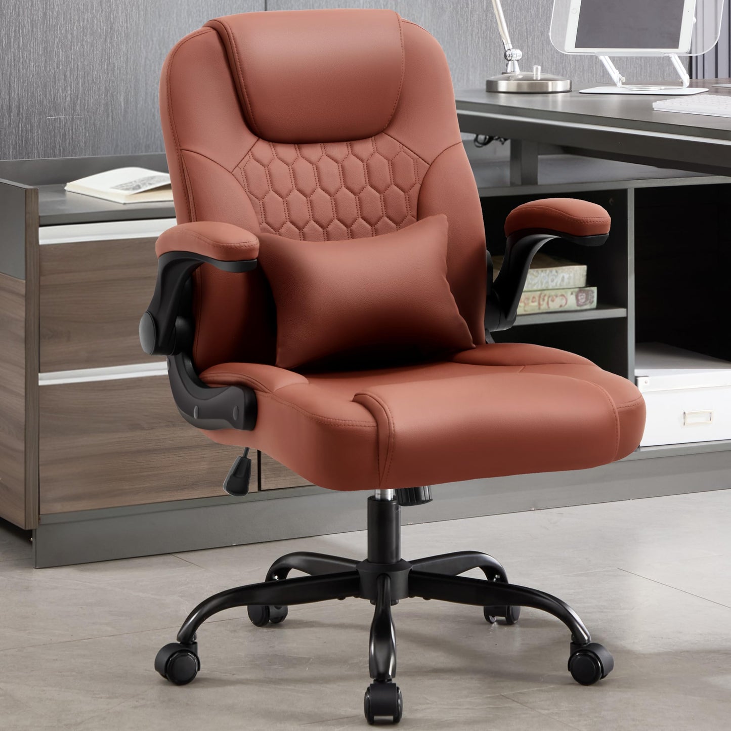 Nexthro Executive Office Chair PU,Leather Office Chair with Wheels,360° Swivel Rolling Chair with Padded Arms,Ergonomic Computer Chair with Lumbar Support for Short People Use(Brown)