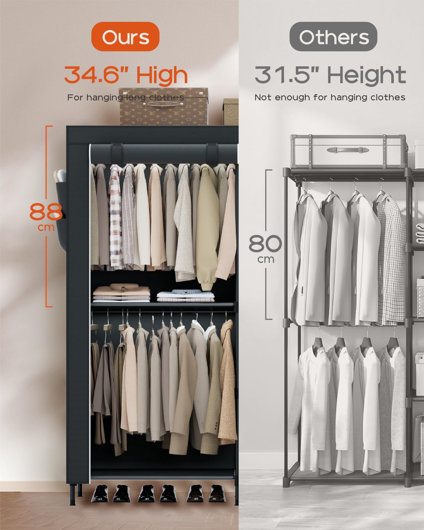 CASAMAYA Clothes Rack, Portable Closet, 54.7 Inch Large Capacity Wardrobe Closet with Cover, Clothes Storage Organizer with Shelves and 3 Hanging Rods, Easy to Assembly, Black PCT122B01