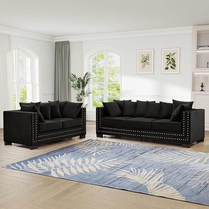 2 Piece Velvet Couch and Loveseat Sets, Mid Century Modern Couch