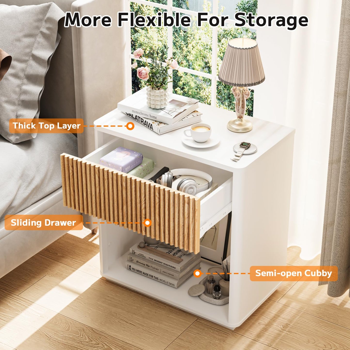 Cychuily Modern Fluted Nightstand Set of 2 for Bedroom, Mid Century Bedside Table with Drawer & Open Shelf, Wood End Table, Farmhouse Night Stand for Home, Hallway, Office, White