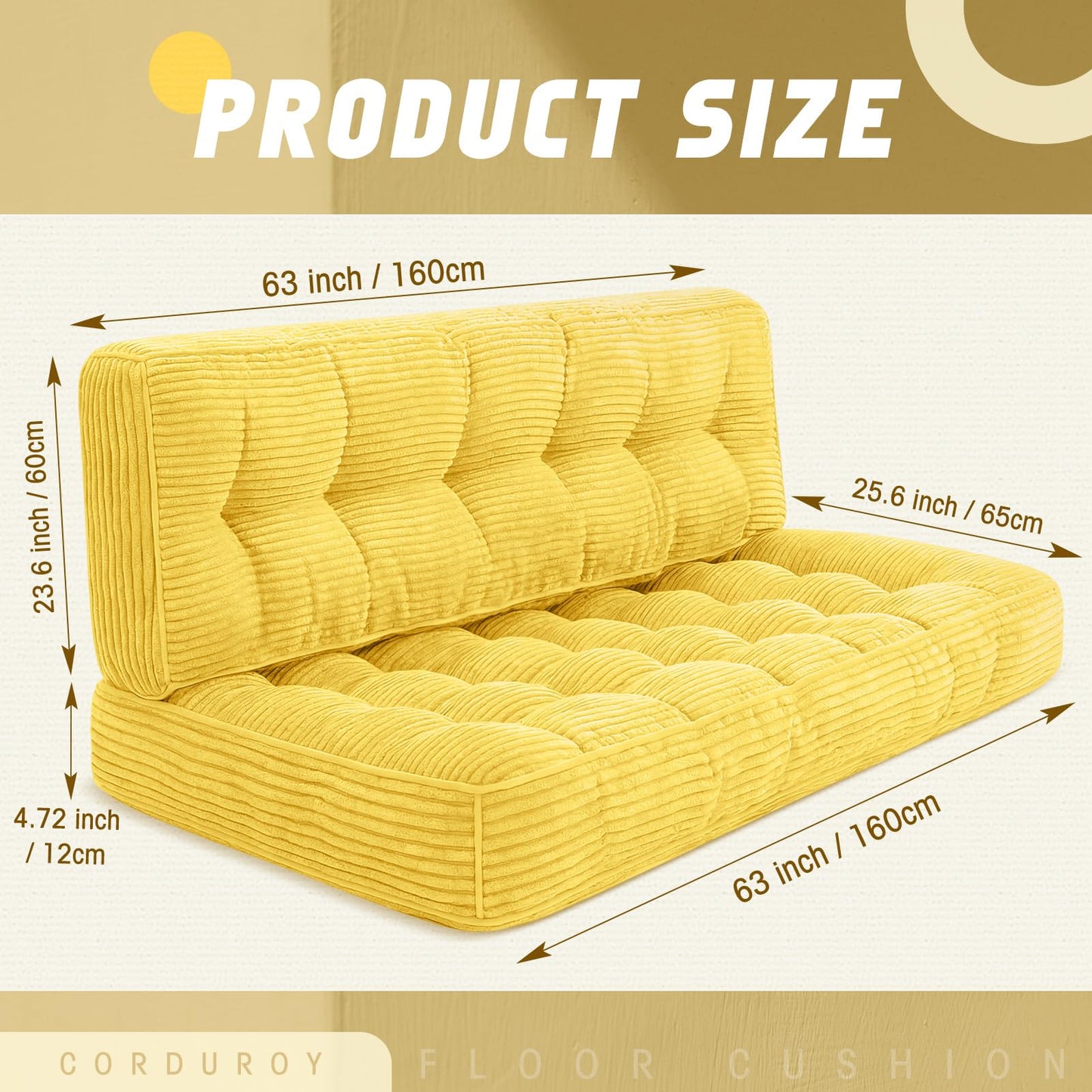 63 Inch Folding Sofa Bed Convertible Chair, 2-in-1 Convertible Boneless Sofa Floor Cushions Couch Mattress Oversized Corduroy Upholstered Sleeper Chair for Living Room Guest Apartment(Yellow)