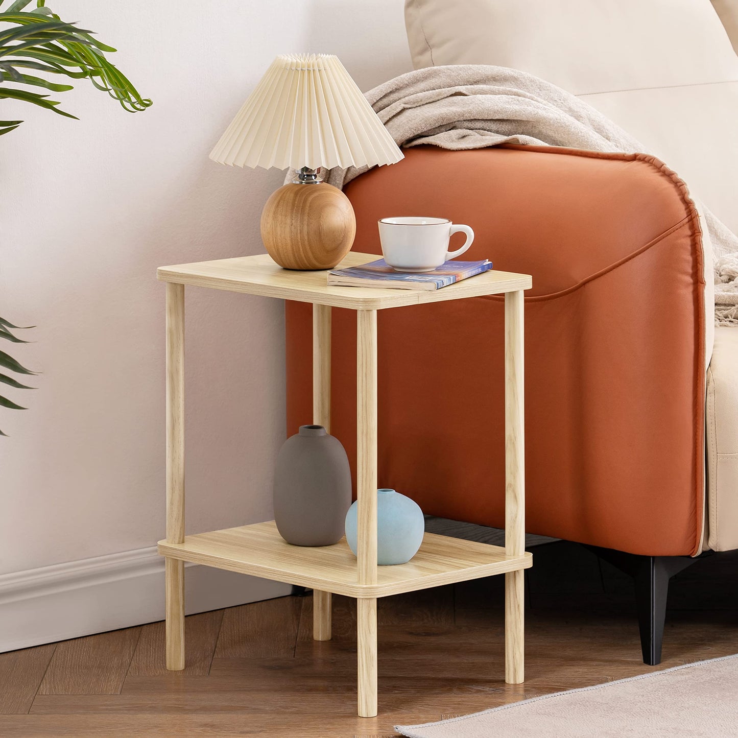 Apicizon 2 Tier End Table Set of 2, Small Side Table with Solid Wood Legs, Boho Bedside Table with Storage Shelf, Nightstand for Small Spaces, Bedroom, Living Room, Entryway, Light Natural
