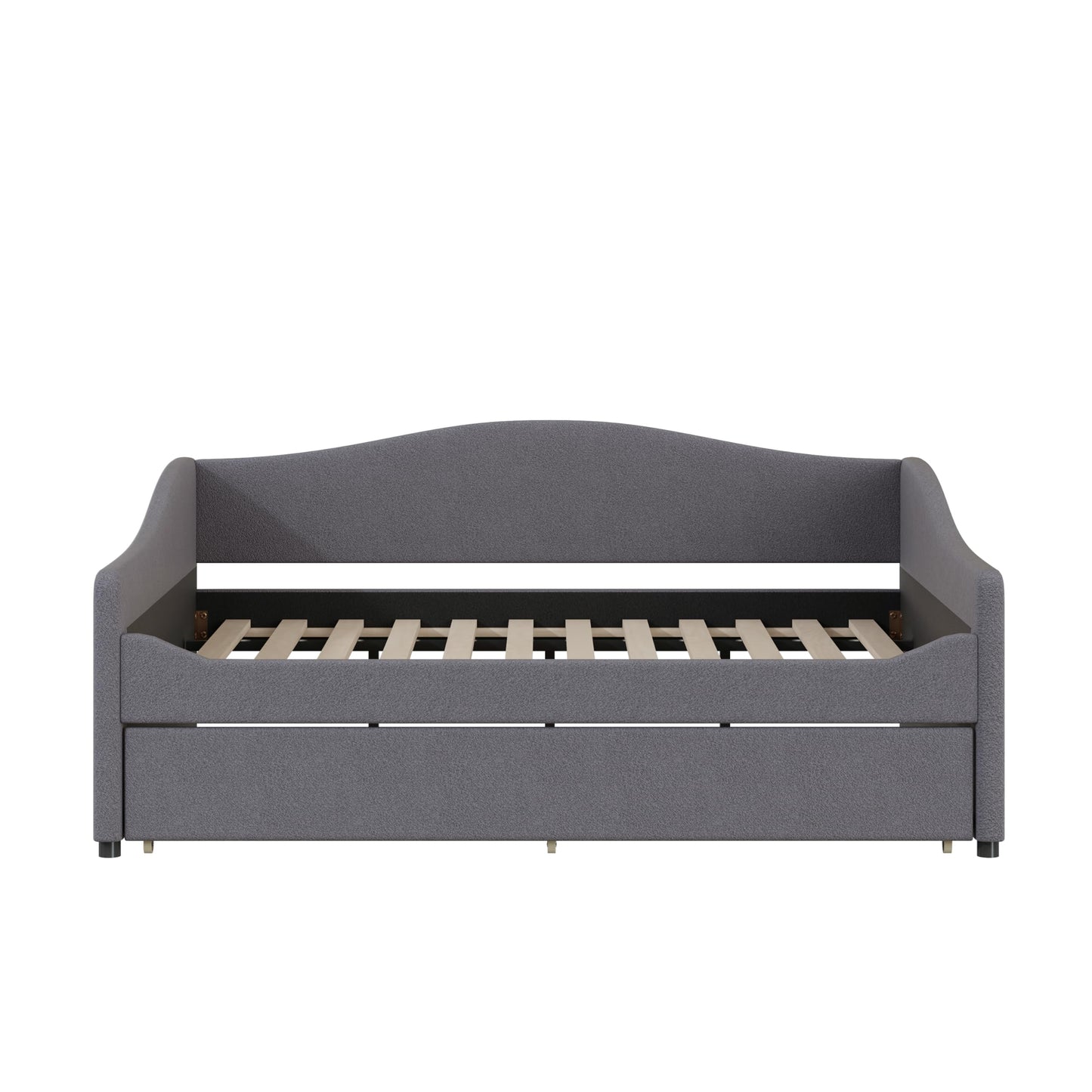 Jintop Teddy Fleece Full Size Upholstered Daybed with LED Light and Trundle,Modern Wood Platform Bed W/Side Stripes,Easy Assembly,for Bedroom,Living Room,Guestroom,Gray