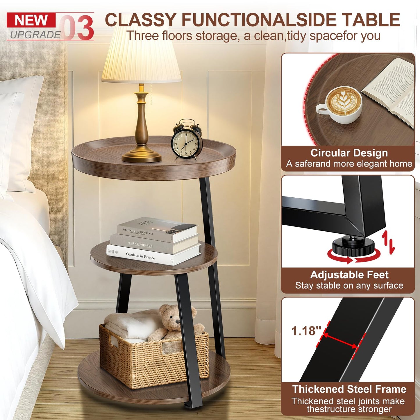 Round Side Table, 3-Tier Tray Top End Table with Storage Shelf, Ultra Stable Coffee End Table/Nightstand, Modern Farmhouse Couch Table for Living Room, Bedroom, Bedside Stand or Small Spaces, Walnut