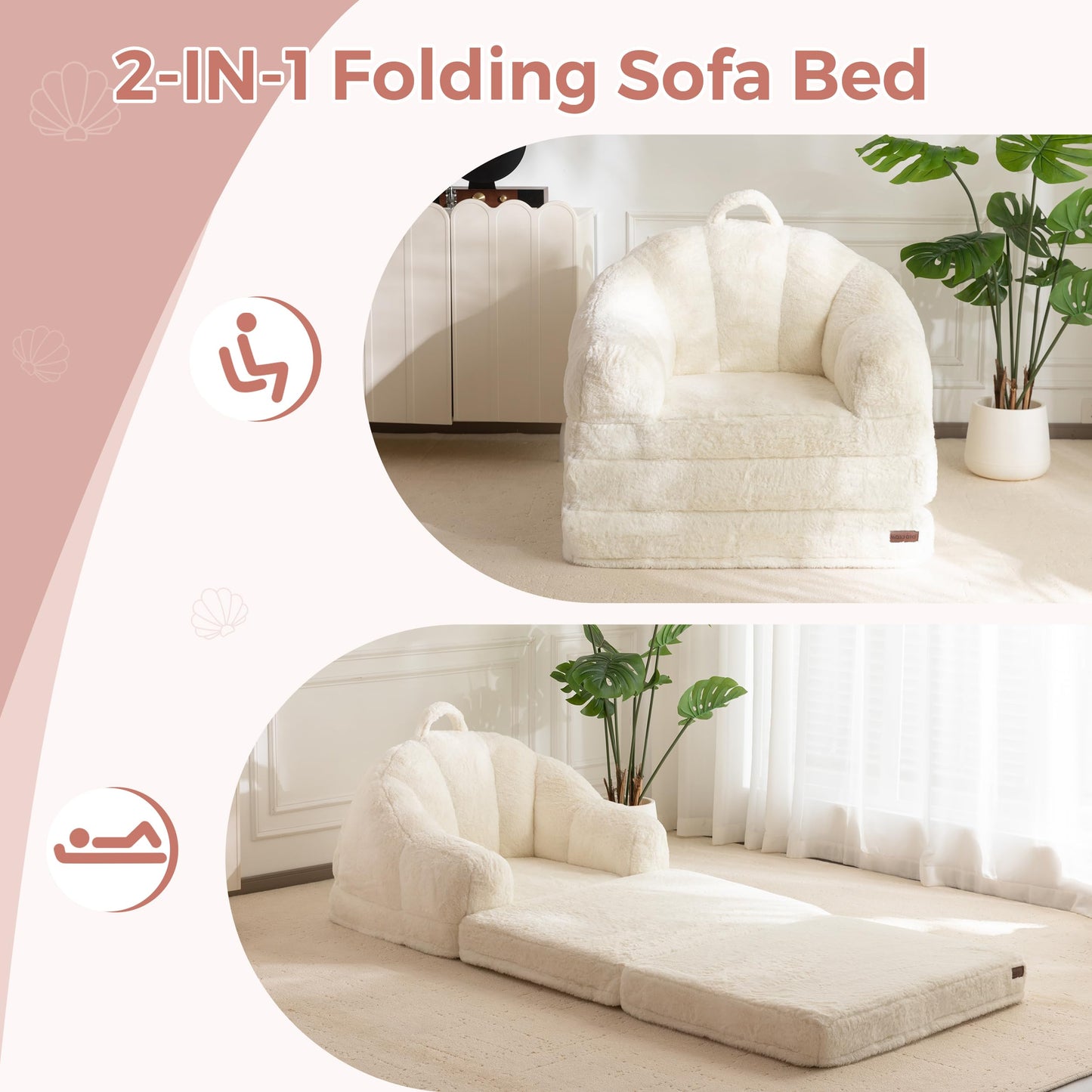 MAXYOYO Folding Sofa Bed, 2 in 1 Convertible Sofa to Lounger Comfy Single Bean Bag Chair for Adults, Floor Couch with Handle, Faux Fur Couch Bed for Living Room Bedroom, Beige