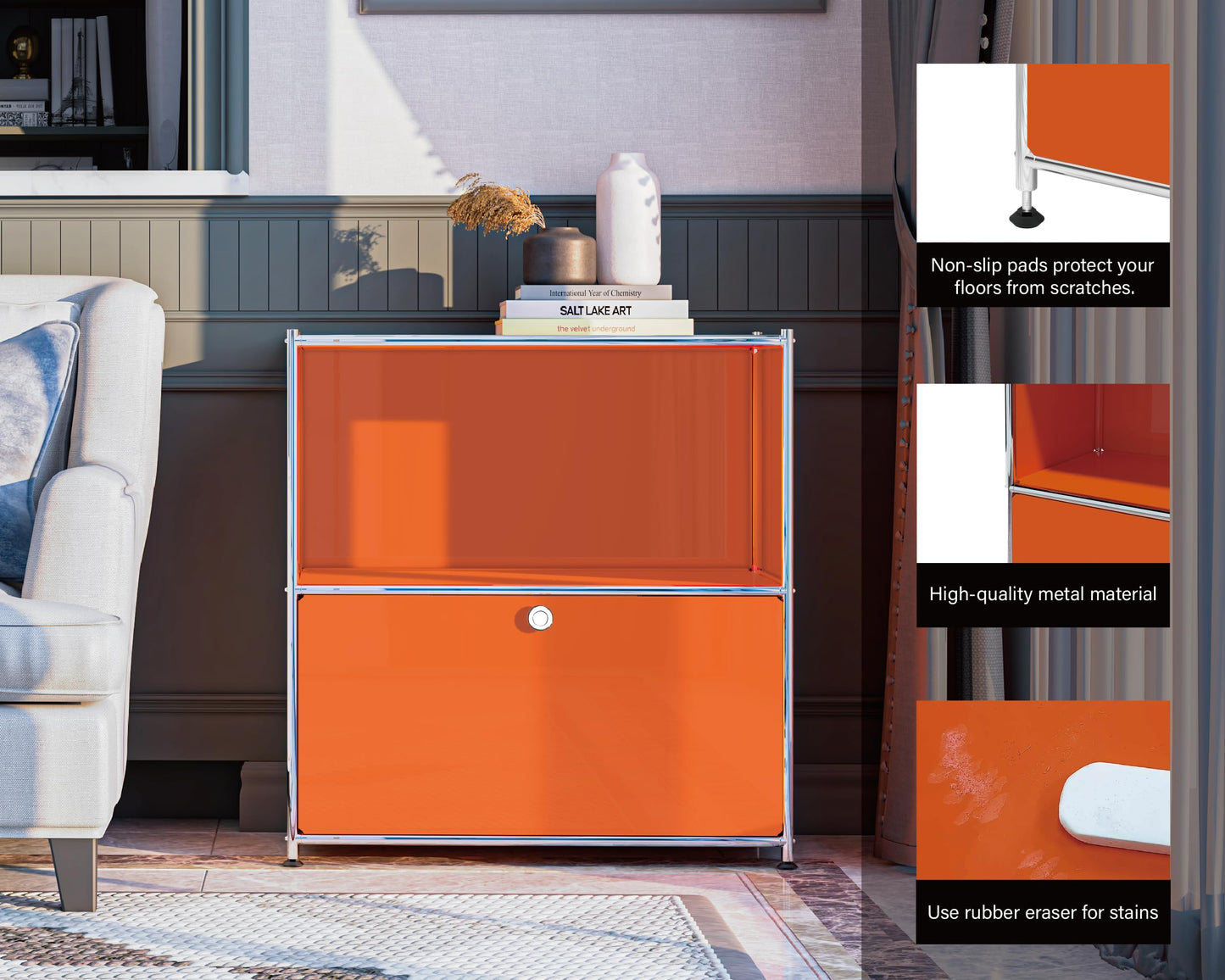 Simplink 32.5-Inch Flip-Top Side Table & Buffet Cabinet with Detachable Wheels, Ample Storage, DIY Corner Bookshelf, Wall Shelf, Cube Organizer, Bedside Table – Modern Home Decor, Orange