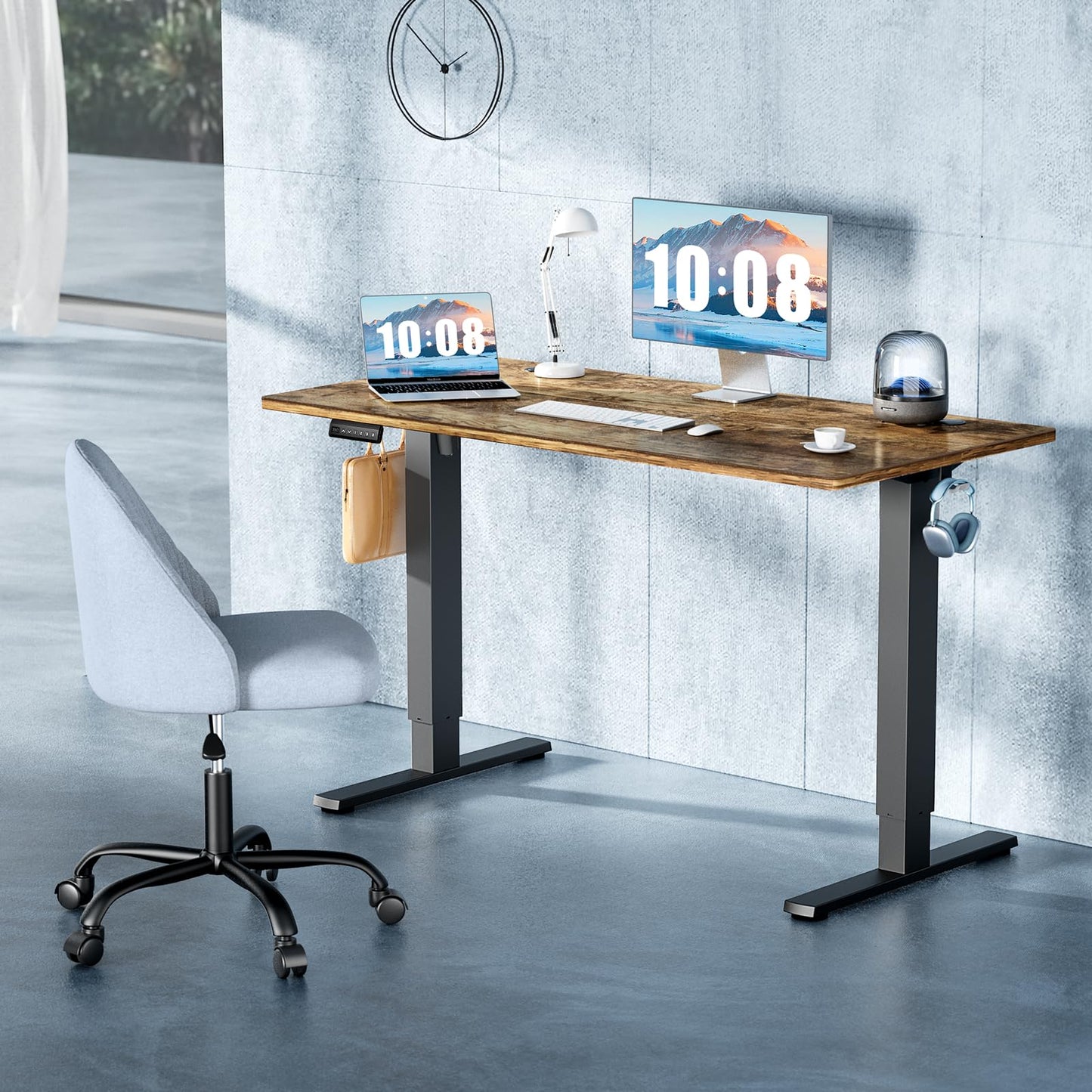 DUMOS 48 Inch Electric Standing Desk Height Adjustable, Sit to Stand Up Computer Workstations Work PC Table Home Office Study Writing Gaming Desks with Memory Presets for Walking Pad, Bedroom, Rustic
