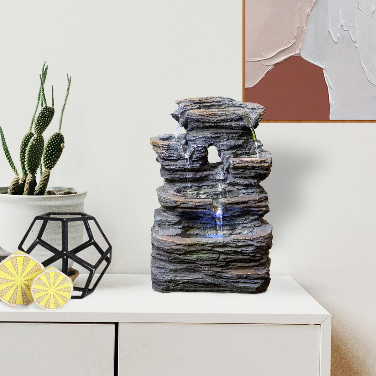 Ferrisland 5-Tier Cascading Tabletop Fountain with LED Lights - Indoor Water Fountain Decor Tabletop Small Relaxation Waterfall Feature Dark Gray