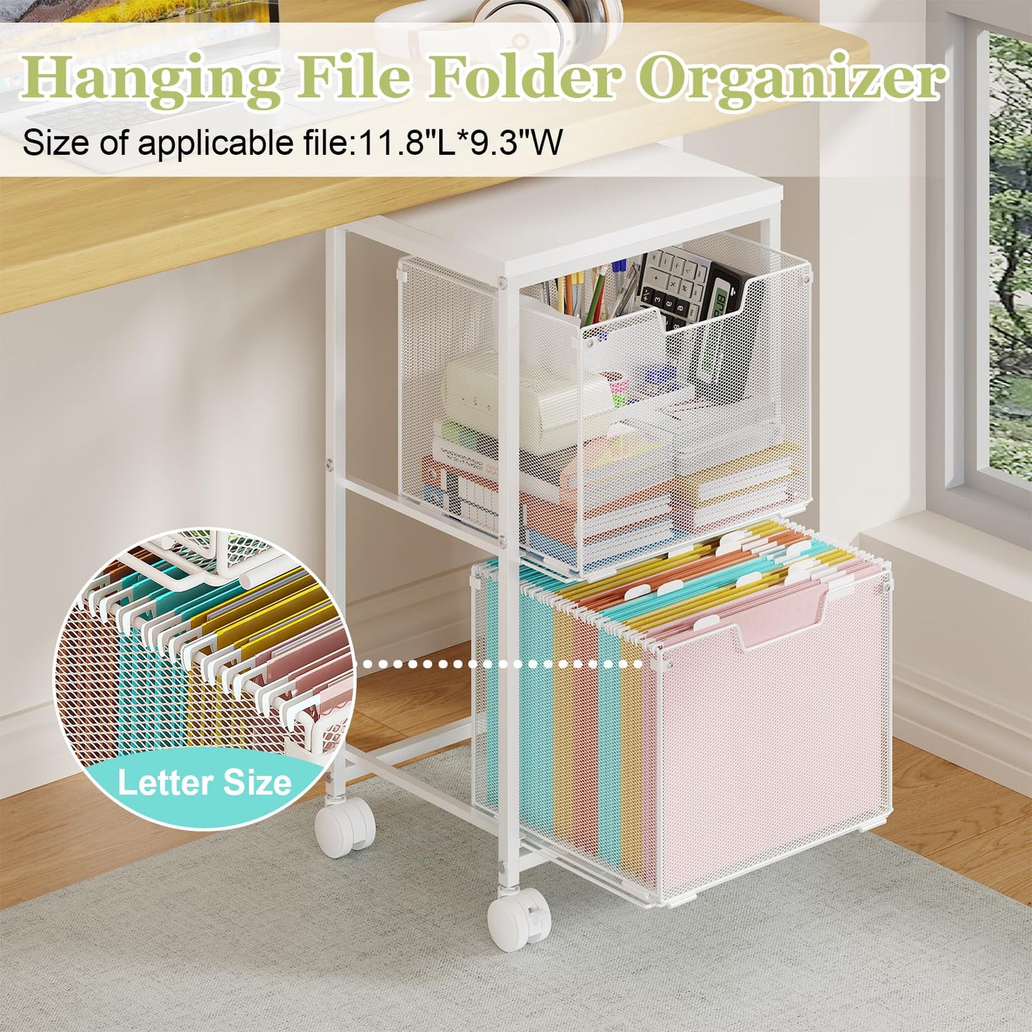 Rolling File Cart with 2 Storage Drawers,Under Desk Storage Cart,Hanging File Folder Organizer with Wheels, Filing Cabinet Mobile Printer Stand Utility Craft Cart for Home Office,White