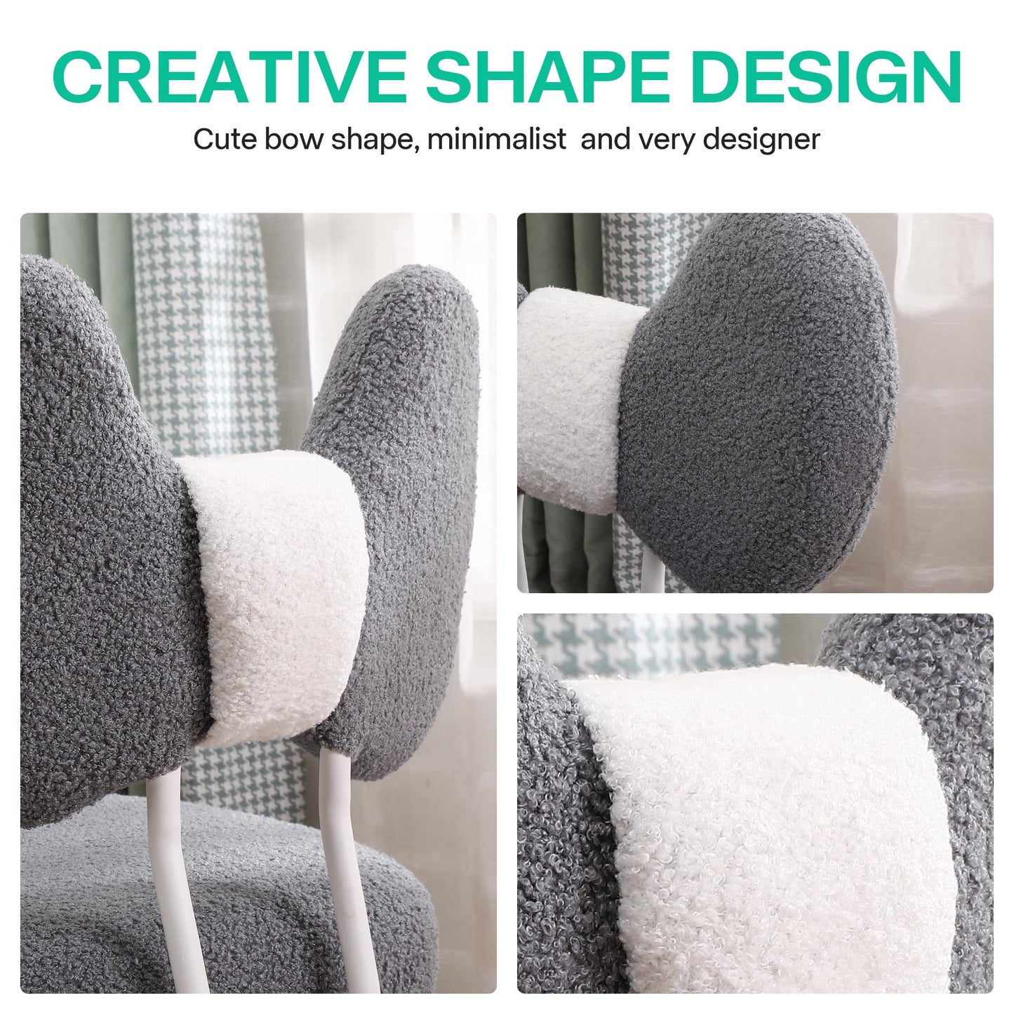 Shiepu Cute Desk Chair with Back,Comfy Small Office Chair with Wheels, Armless Adjustable Rolling Swivel Computer Chair for Home Office,Make-up Room,Bedroom,Vanity Chair for Girls,Teddy Velve,Grey