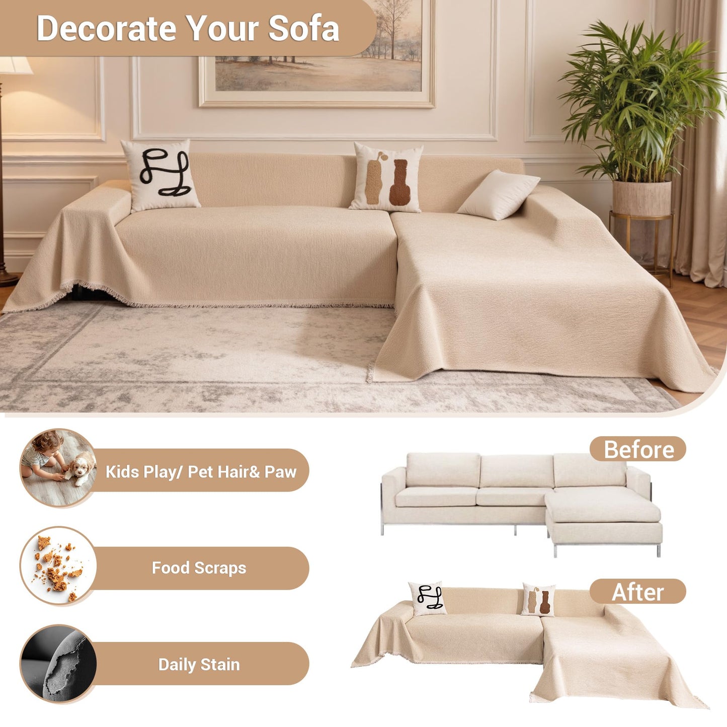 MYSKY HOME L-Shaped Sectional Couch Covers, L Shaped Couch Cover, 2 Pieces Washable Sofa Slipcovers Pet Furniture Protector, Sofa Covers Blanket for 3-4 Cushion Couch (71"x118"+91"x134", Khaki)