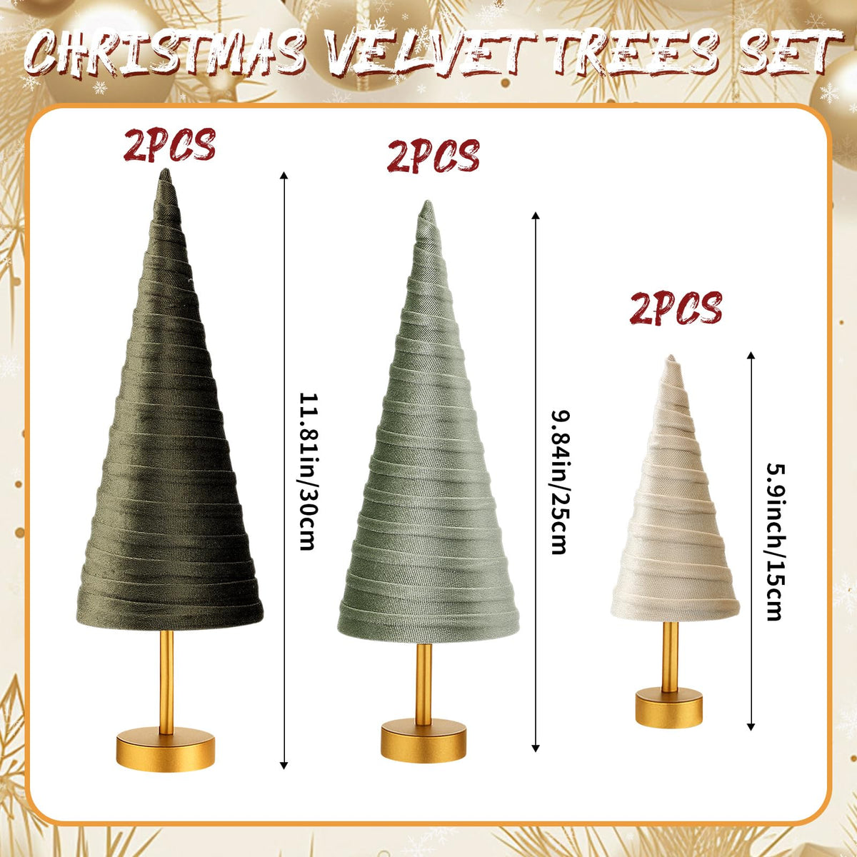 Hoolerry 6 Pcs Christmas Velvet Trees with Gold Pedestal Christmas Velvet Cones Tree Mantel Decor Modern Rustic Winter Home Minimalist for Holiday Entryway Table Wedding Centerpiece(Brown Green)