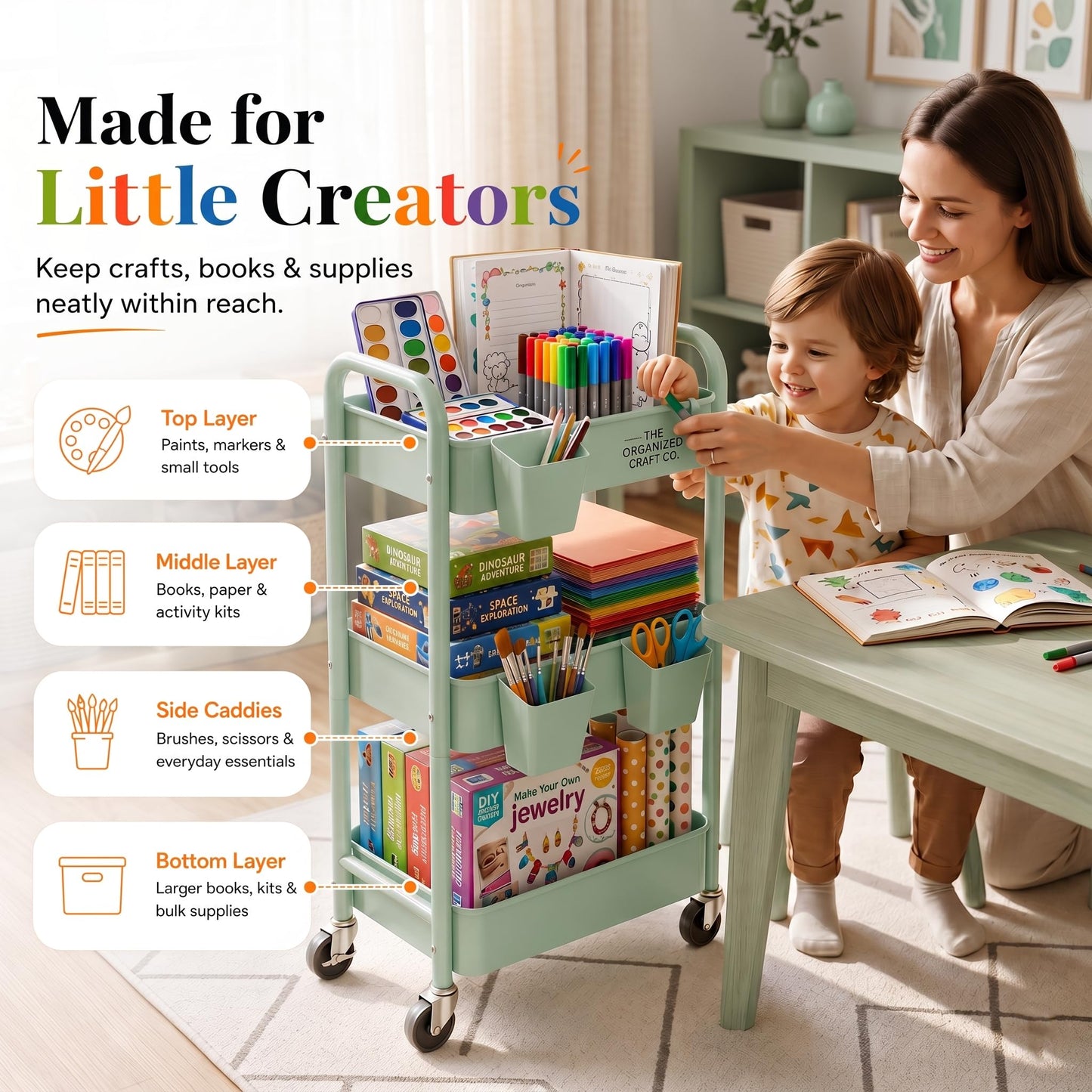 3 Tier Rolling Storage Cart Metal with Wheels, Green Baby Diaper Caddy Carts, Three Tiered Craft Cart Organizer on Wheels, Utility Roller Trolley for Art, Book, Snack, Office, Laundry, Bathroom Shelf
