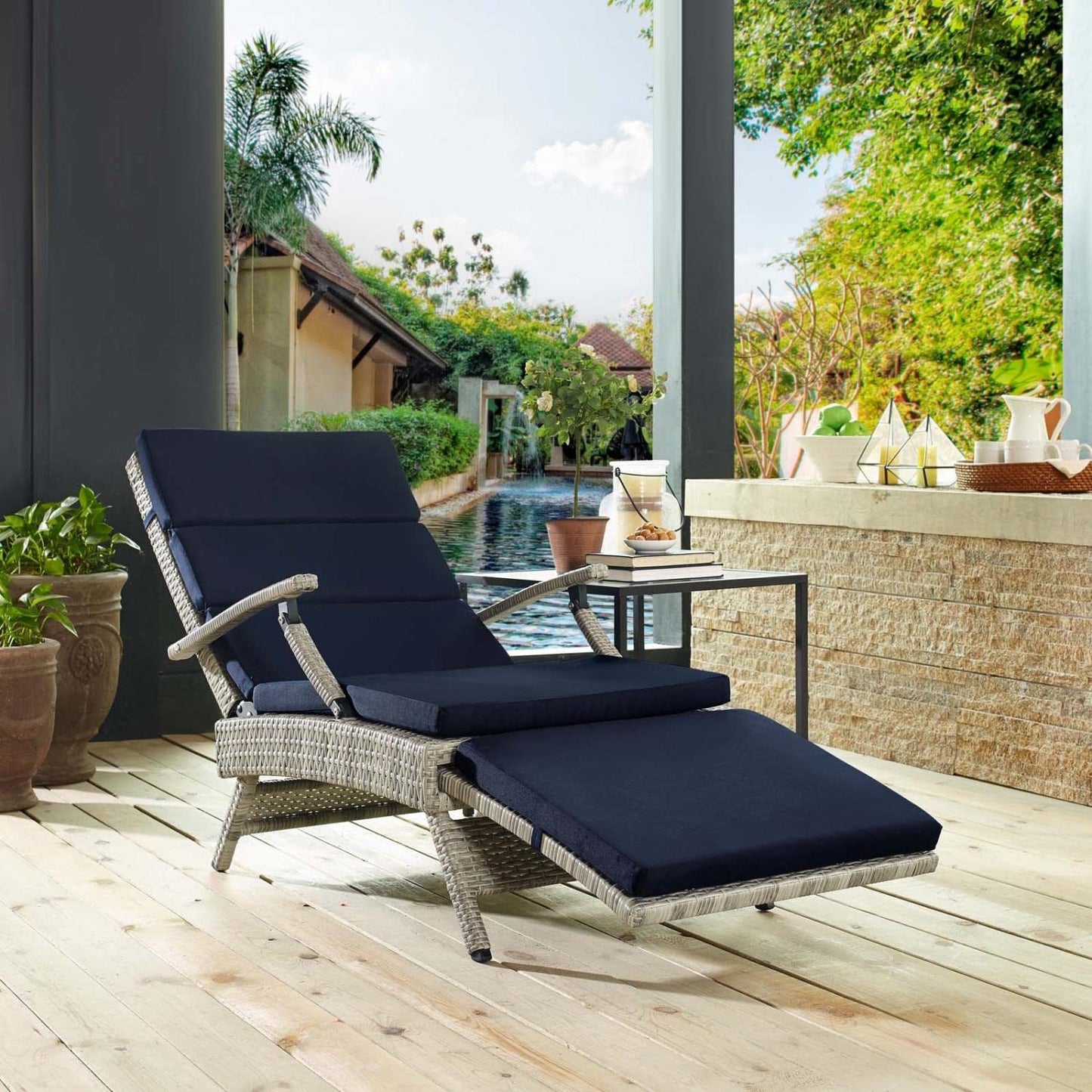 Modway Envisage Outdoor Patio Wicker Rattan Chaise Lounge in Light Gray Navy