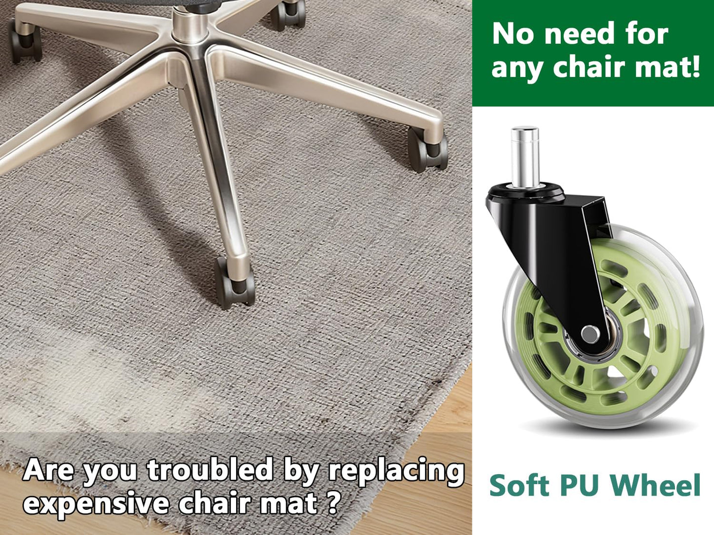 TESUMI Green Office Chair Wheels 3" Roller Blade Rubber Chair Casters Replacement, Heavy Duty Quiet No Scratch Gaming Chair Wheel for Hardwood Floor Carpet, Set of 5, 11mm Universal Fit/Not for 1KEA