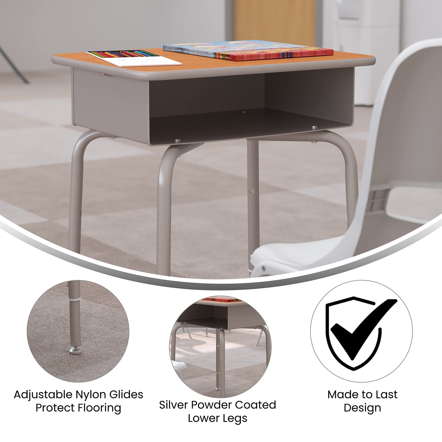 Flash Furniture Billie Student Desk - Walnut Open Front School Desk - Silver Metal Frame - 24"W x 18"D Adjustable Height, Durable for School or Remote Learning