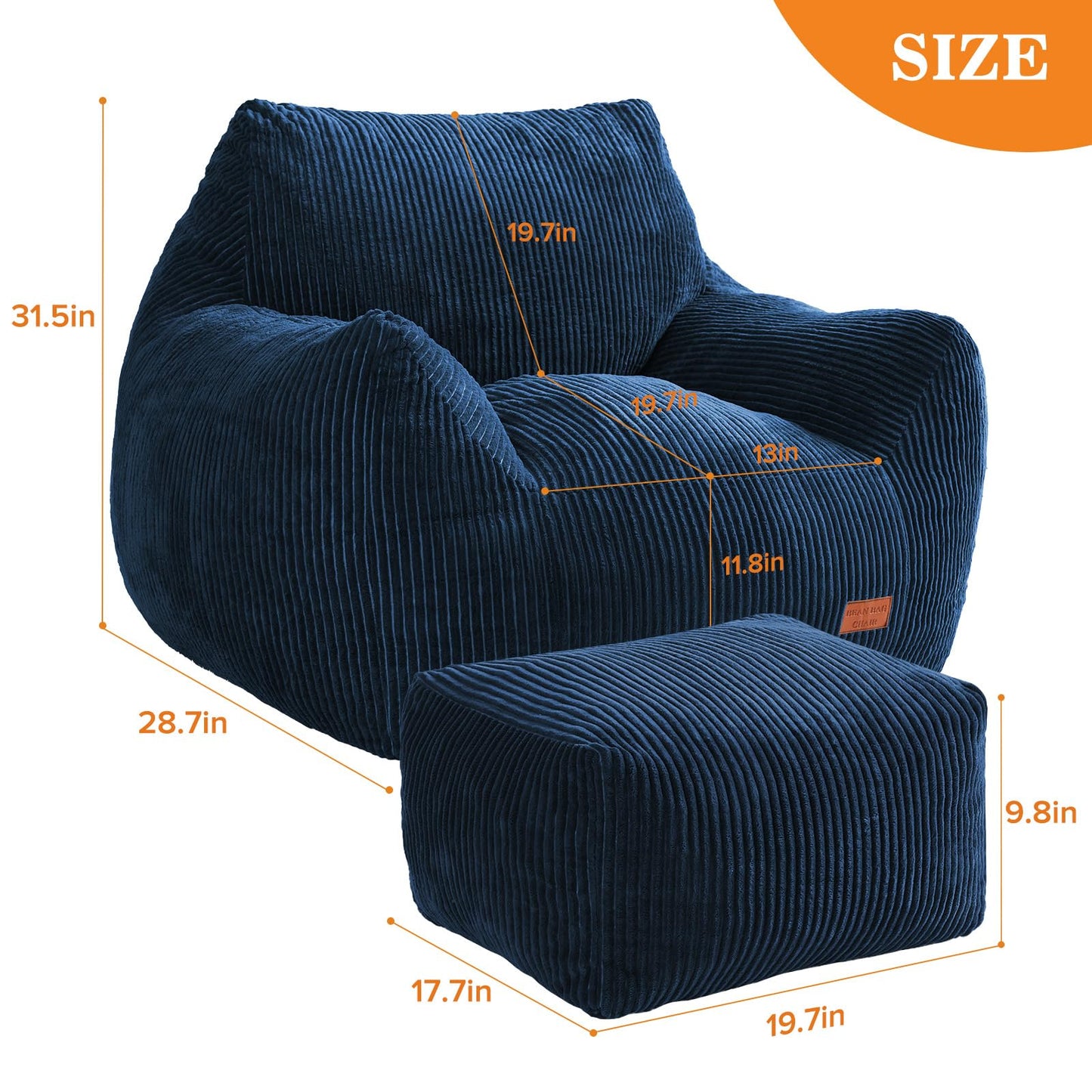 Vellorise Big Bean Bag Chair for Adults, Ultra Soft Living Room Bean Bag with Armrests & Ottoman, Stuffed BeanBag Chair for Napping, Gaming, Vacuum-Compressed for Easy Gifting, 48h to Expand,Navy Blue