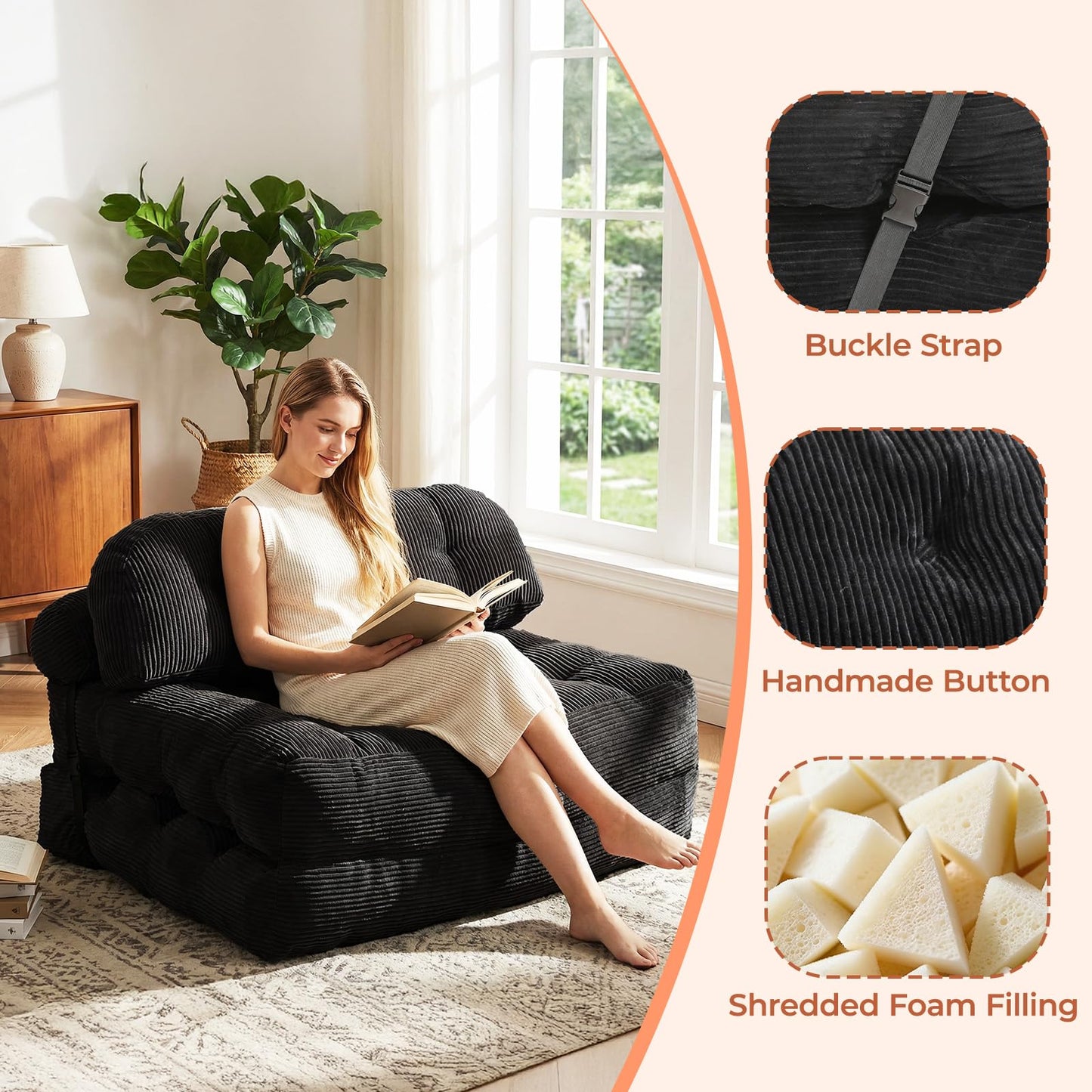 Vellorise Folding Sofa Bed, Convertible Sleeper Chair with Back Support and Pillow Futon, Boneless Matress, for Living Room/Guest Use/Home Office, Foldable Chair Bed for Adults, Black, Full