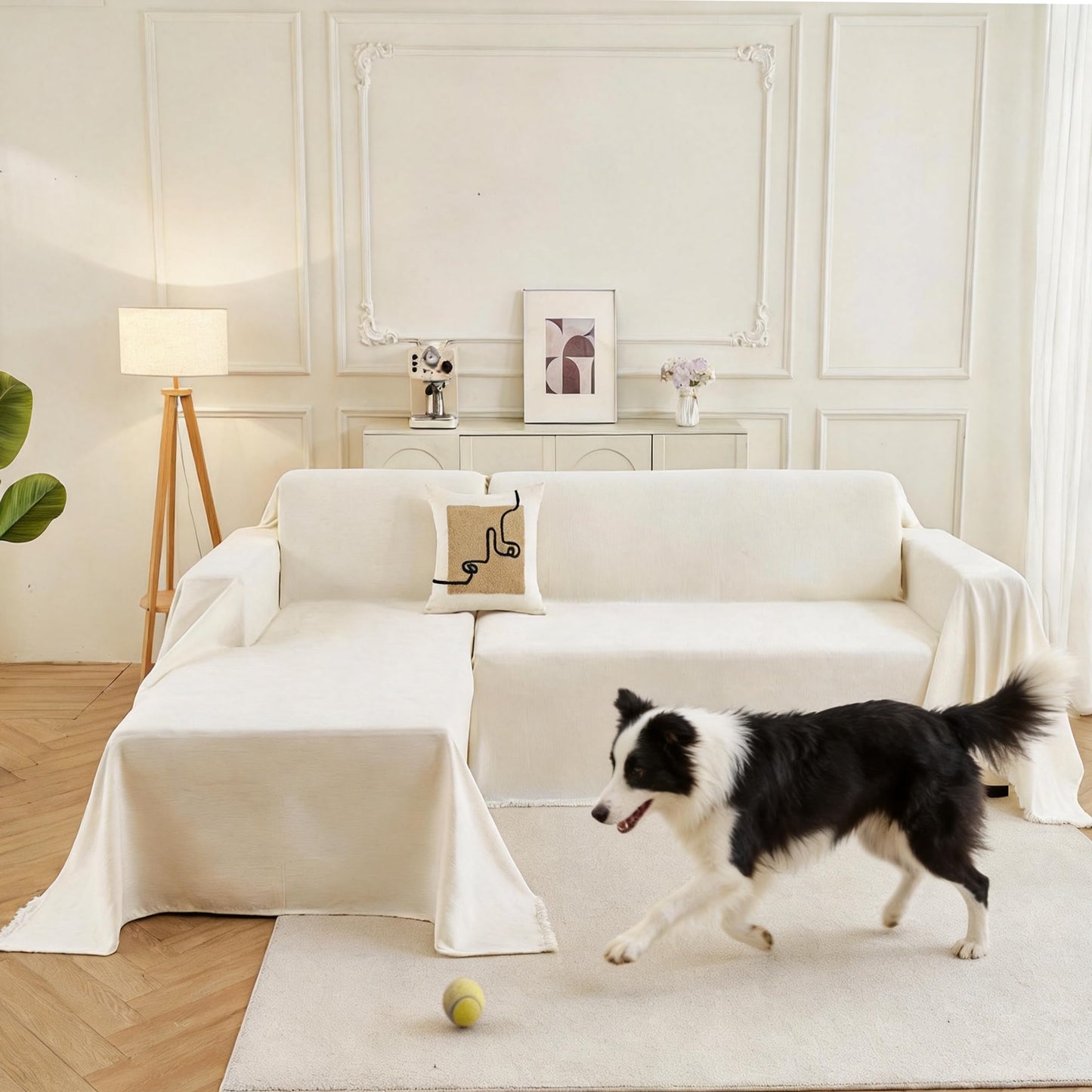 KaviKon Sectional Couch Covers 2-Piece for L Shape Sofa, Chenille Washable Sofa Cover for 2-3 Cushion Couch, Non-Slip Furniture Protector for Dogs,Pets, Soft Couch Blanket Slipcovers Sets (L-Cream)