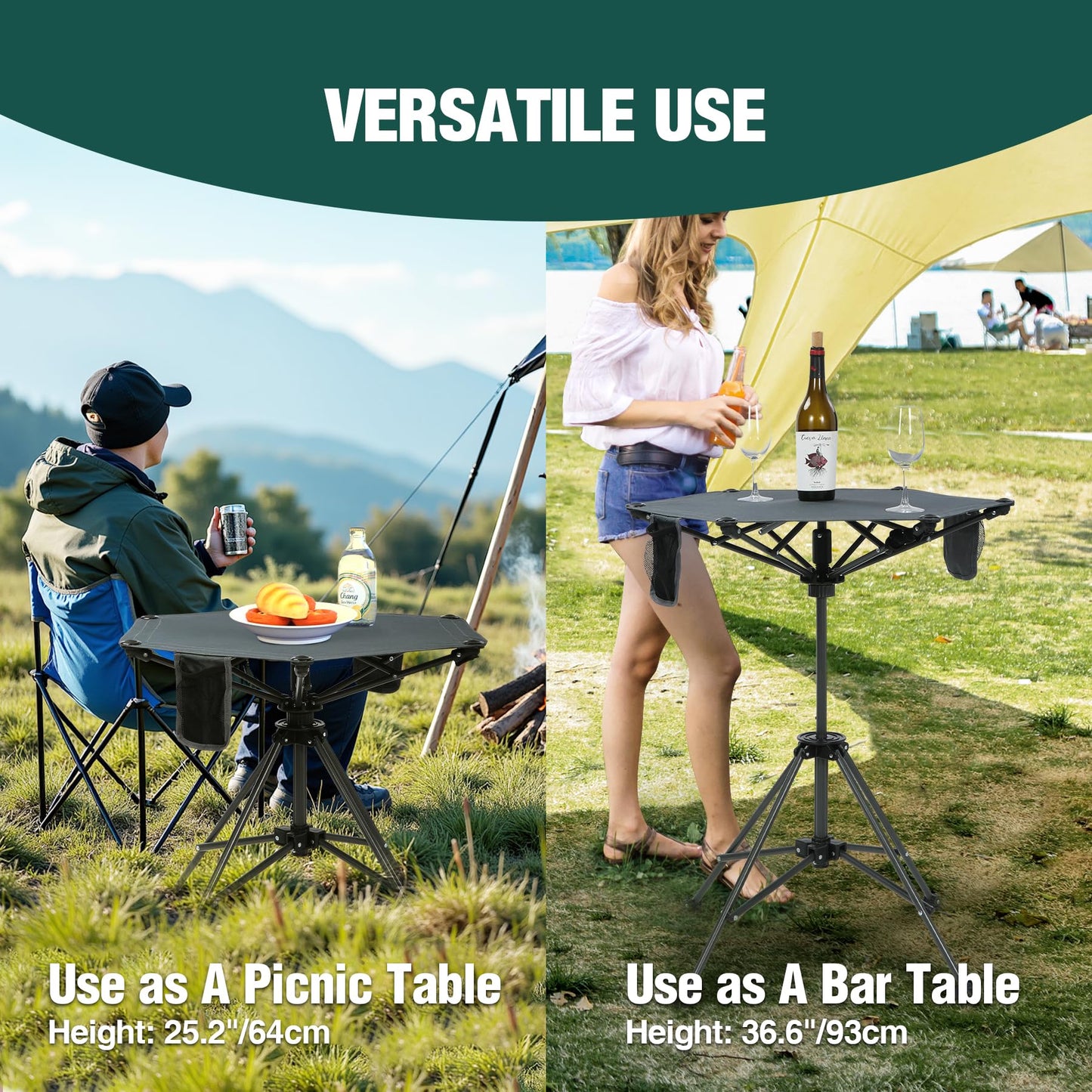 Stonehomy Extra Tall Folding Chairs 2 Pack & Adjustable Height Folding Table Set, Portable Outdoor Bar Table & Foldable Director Chairs with Makeup Pocket for Backyard,Beach,Travel with Storage Bag