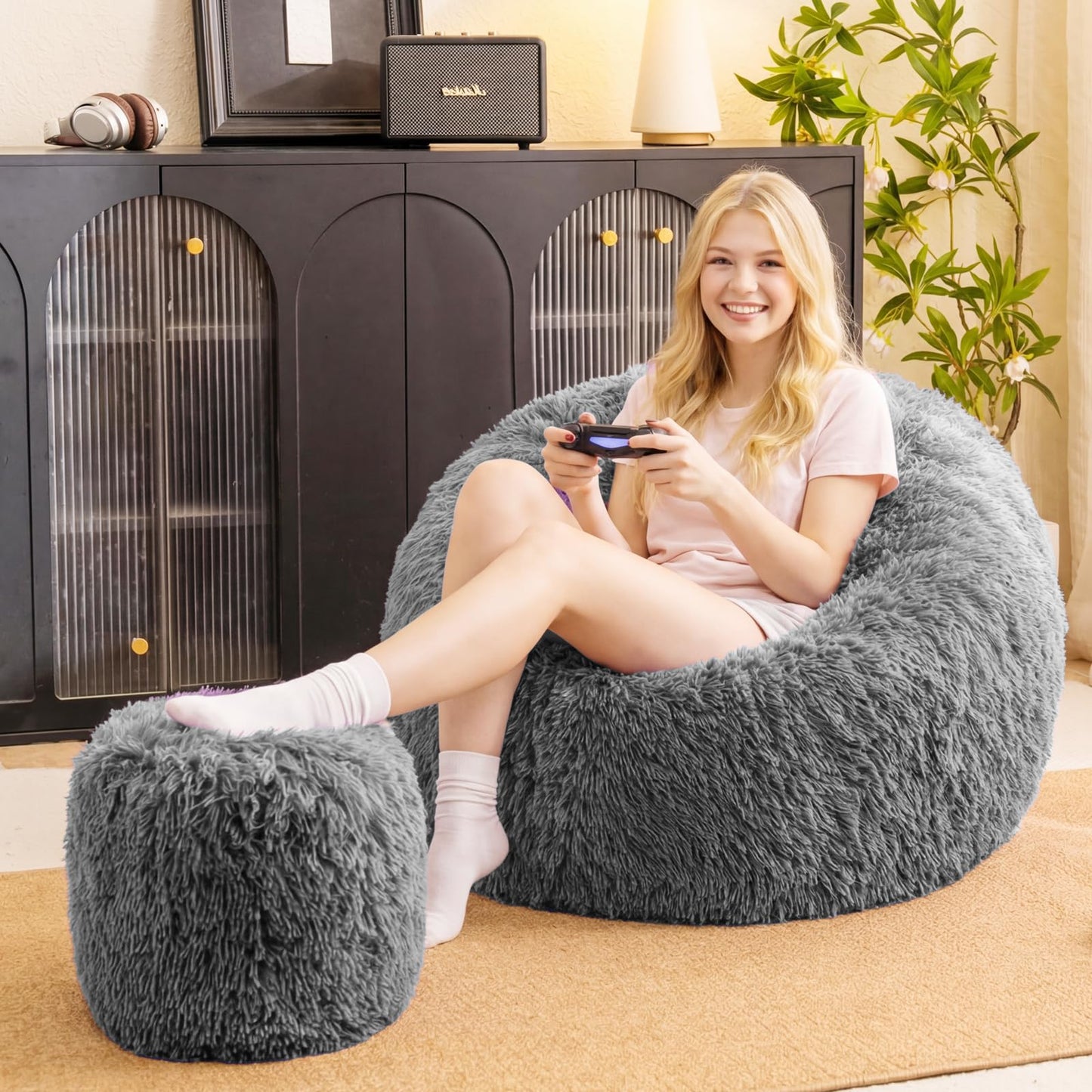 Dark Gray faux fur bean bag chair covers (No Filler), comfy Plush Dark Gray bean bag chair Cover for bedroom, stuffed animal Storage, kids adults teens girls bean bag chairs, Anti-Slip