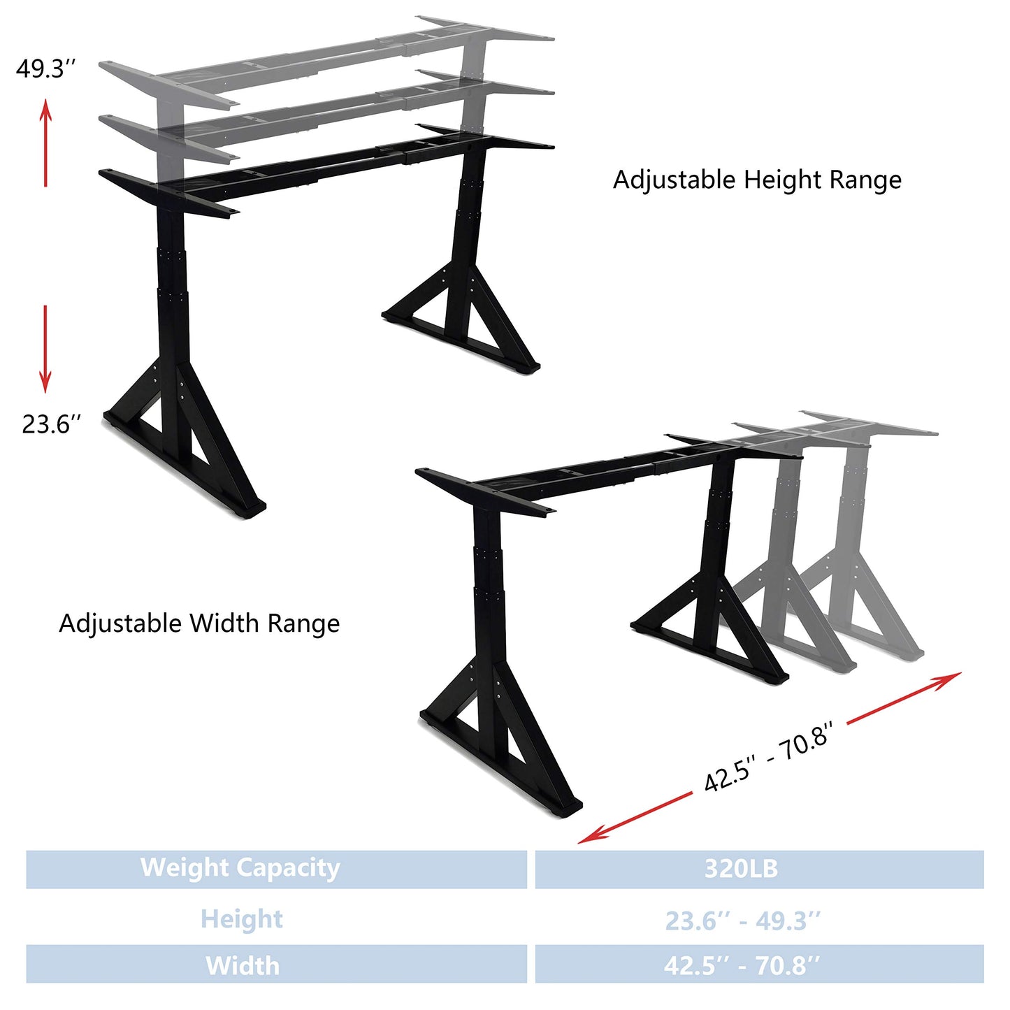 VWINDESK VJ205 Electric Height Adjustable Sitting Standing Desk Frame Sit Stand - Dual Motors 3 Stages Motorized Desk Base Only, Black